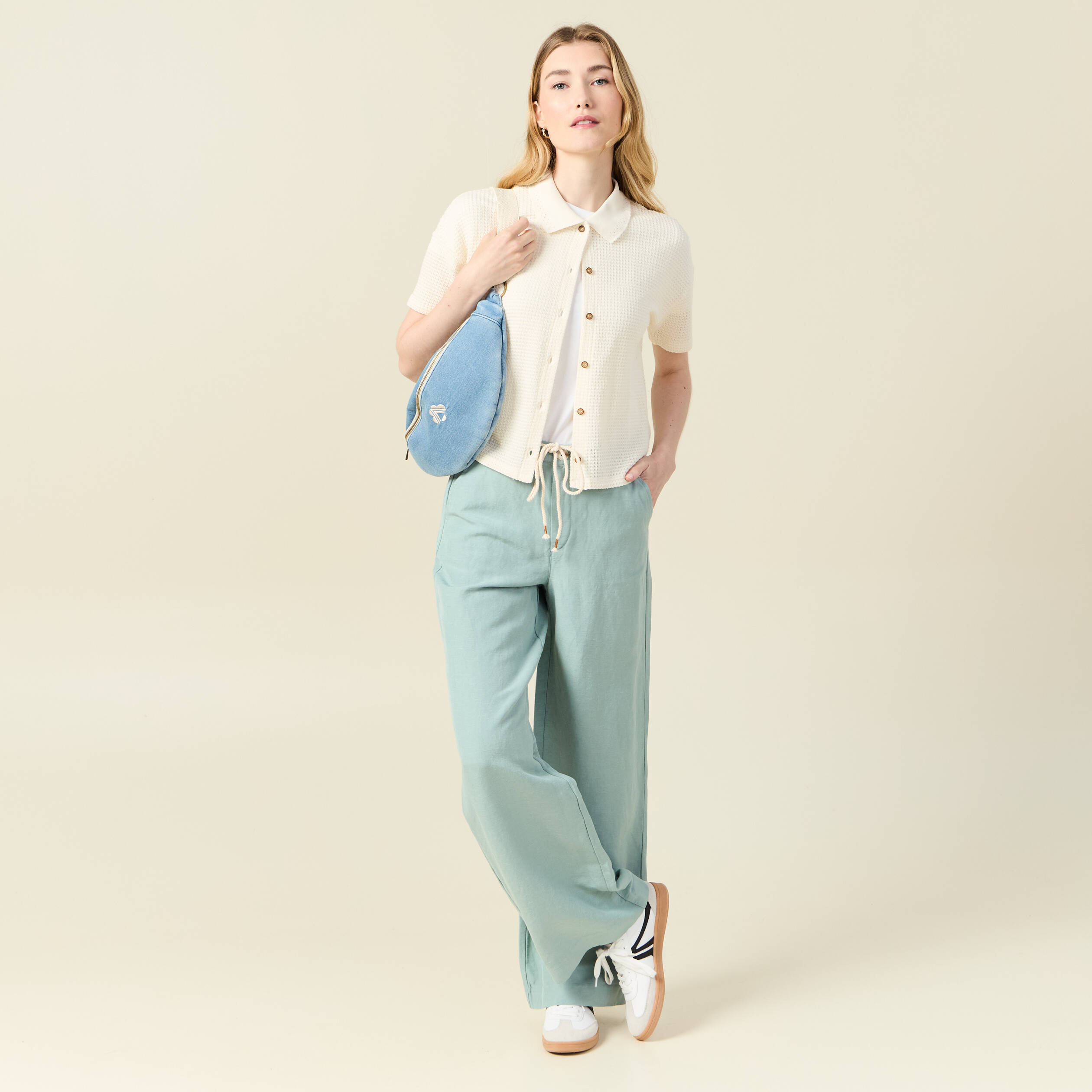 Pantalon loose taille haute vert pastel femme