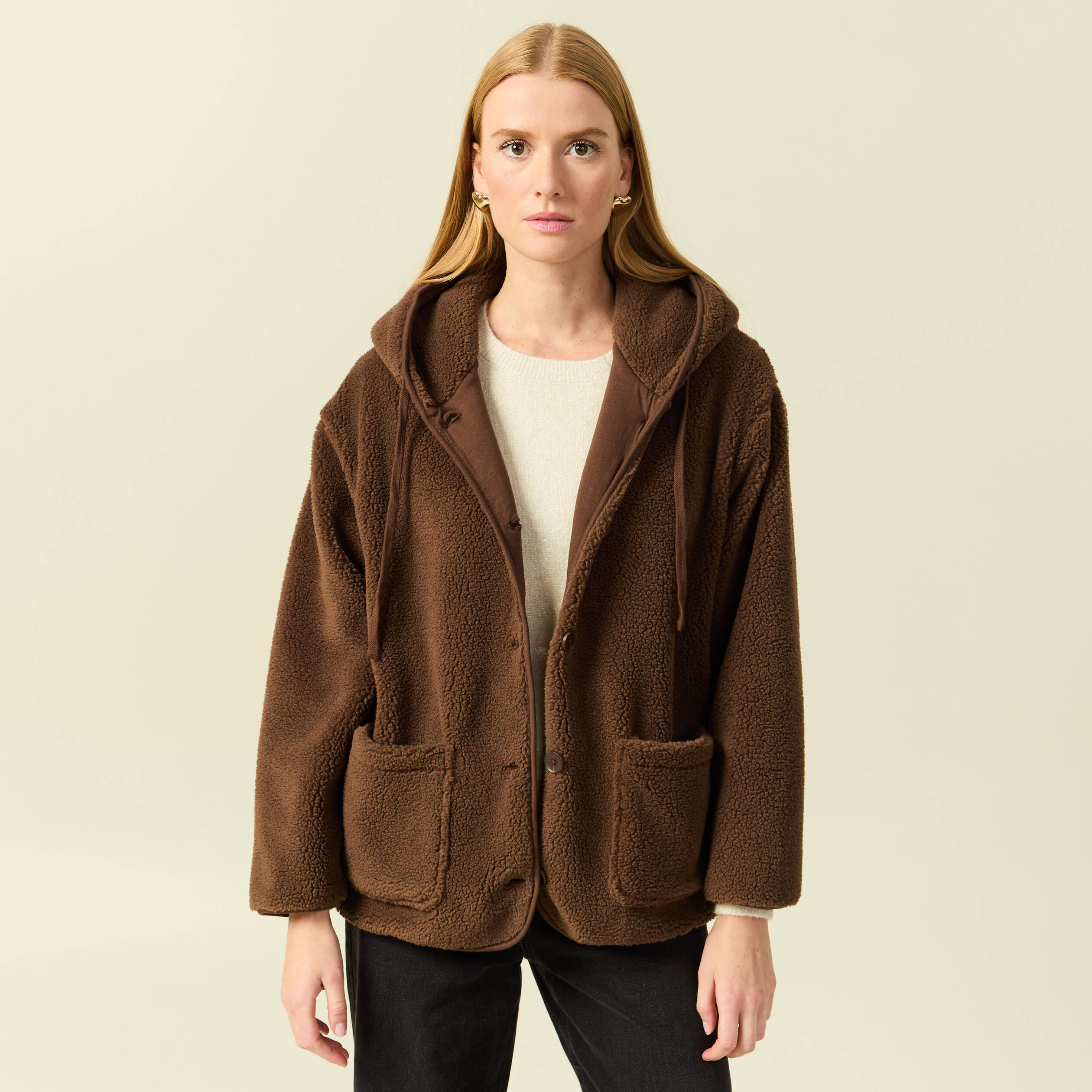 Gilet droit mi-long effet polaire marron fonc&eacute; femme