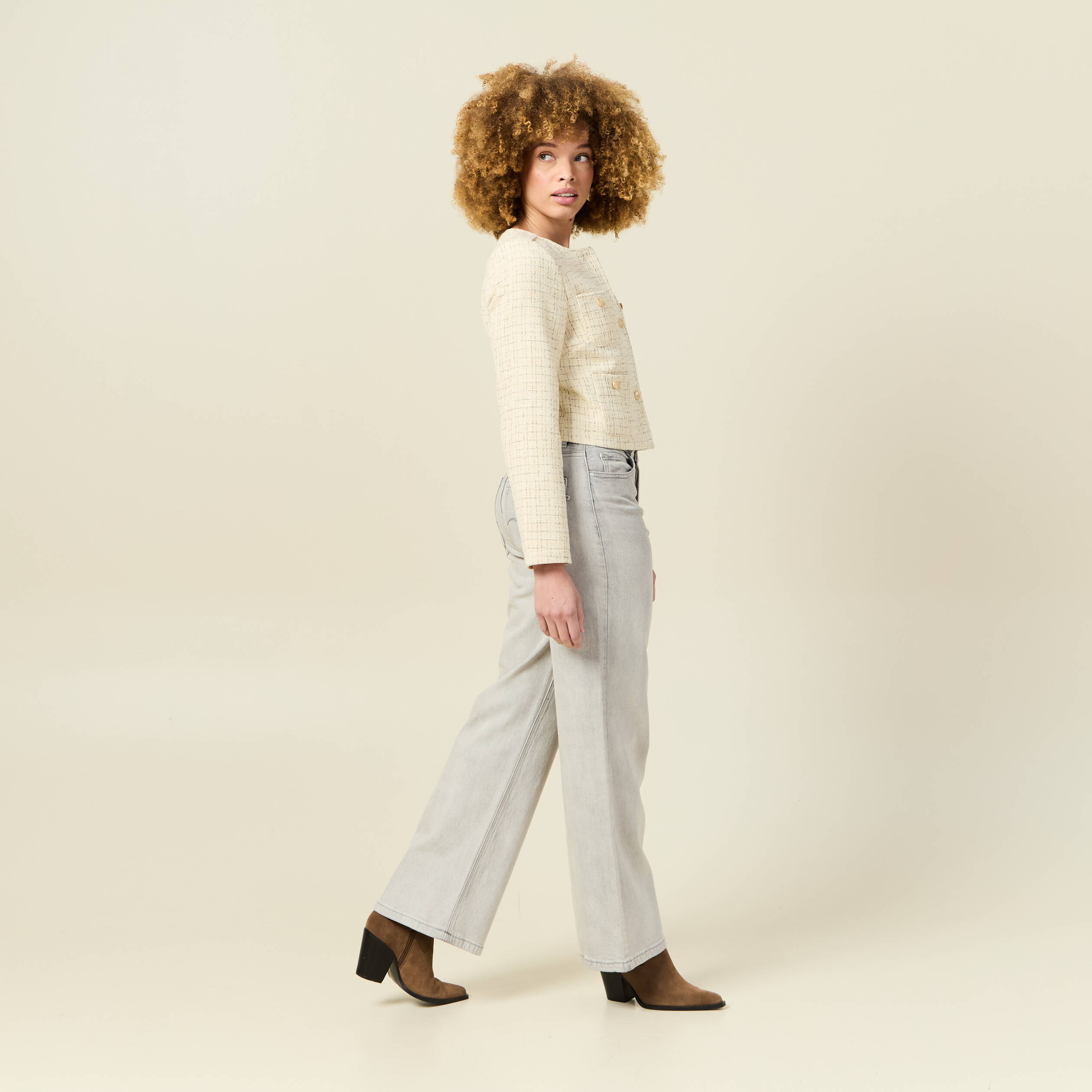 Veste tweed courte jaune pastel femme