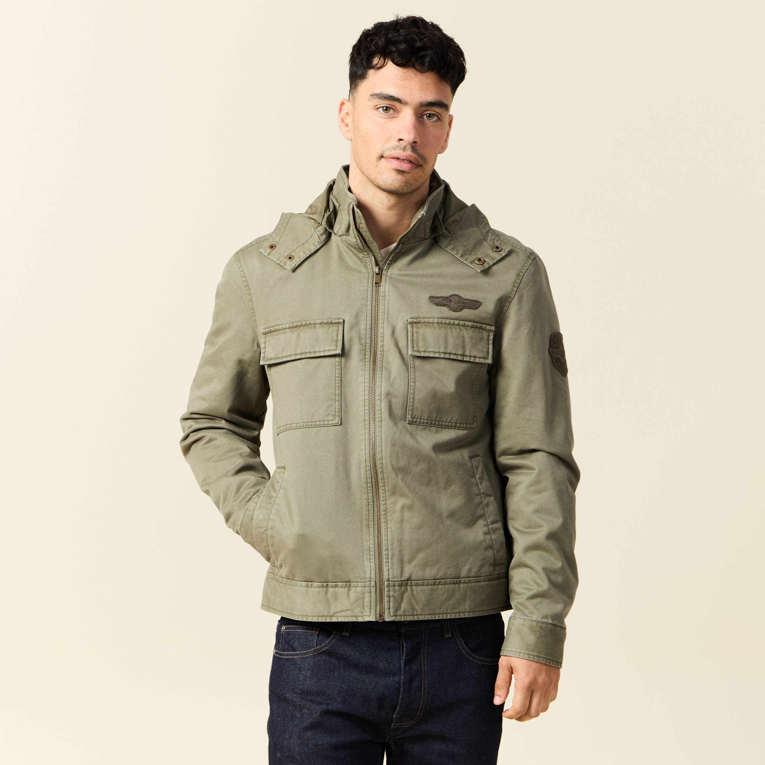 Blouson col montant &agrave; capuche vert kaki homme