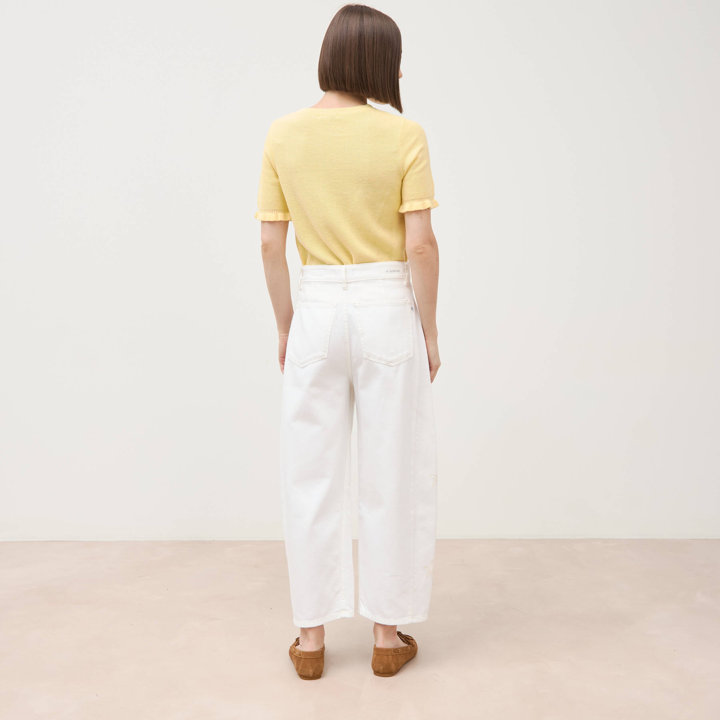 Jeans barrel taille haute 7/8&egrave;me denim blanc femme