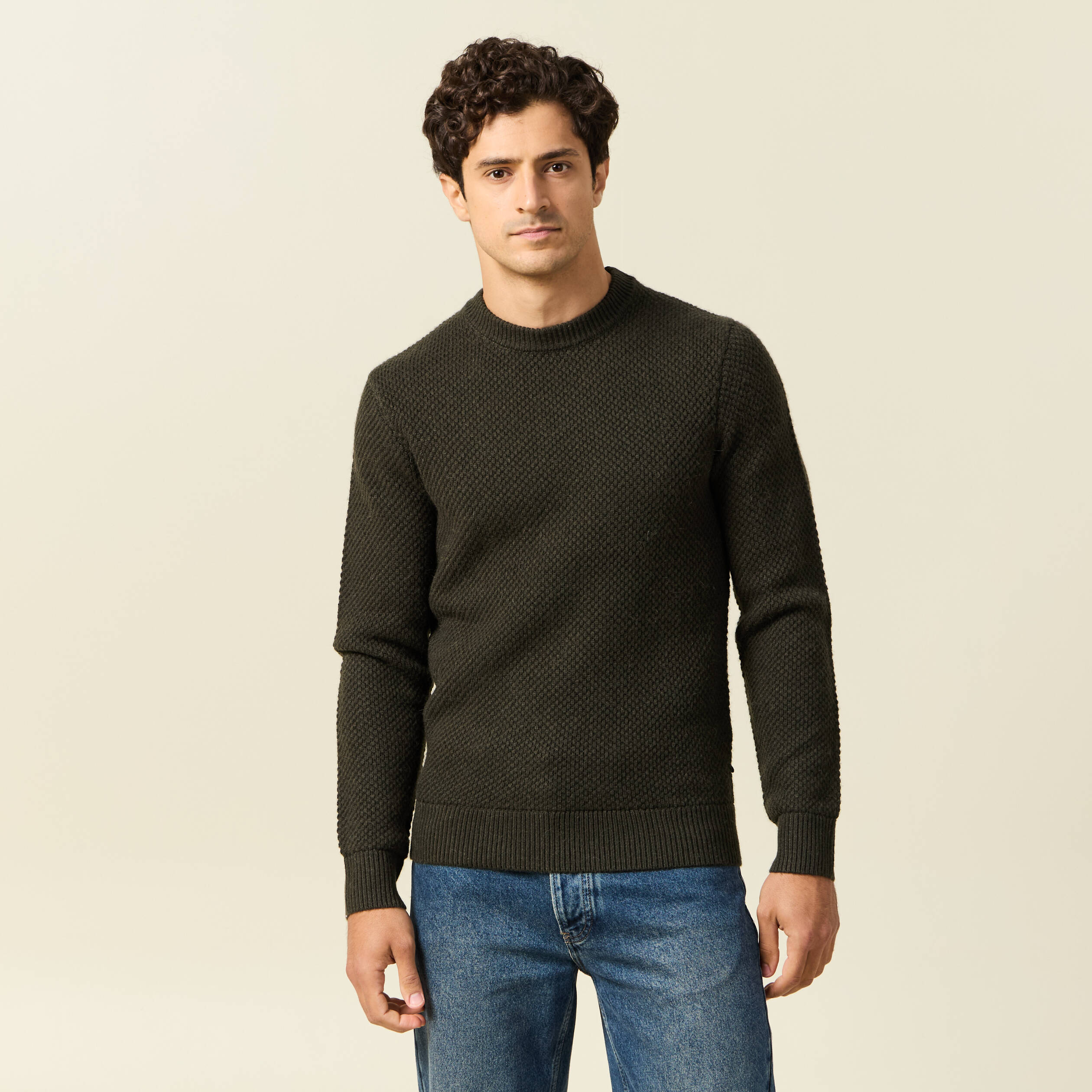 Pull col rond vert kaki homme