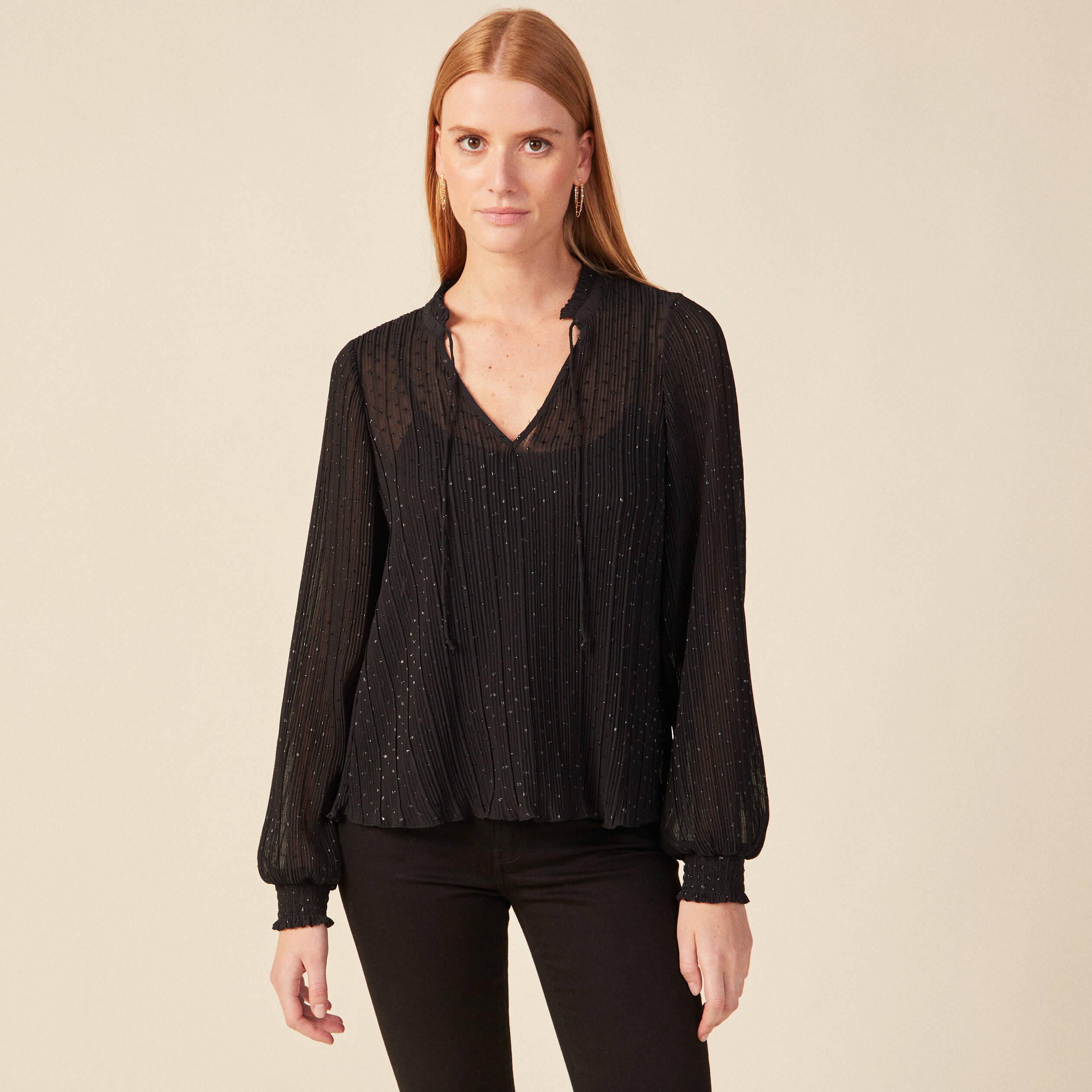 Chemisier Femme WNEEDU - Manches Longues Bouffantes, Col Rond, Tissu Plissé élégant