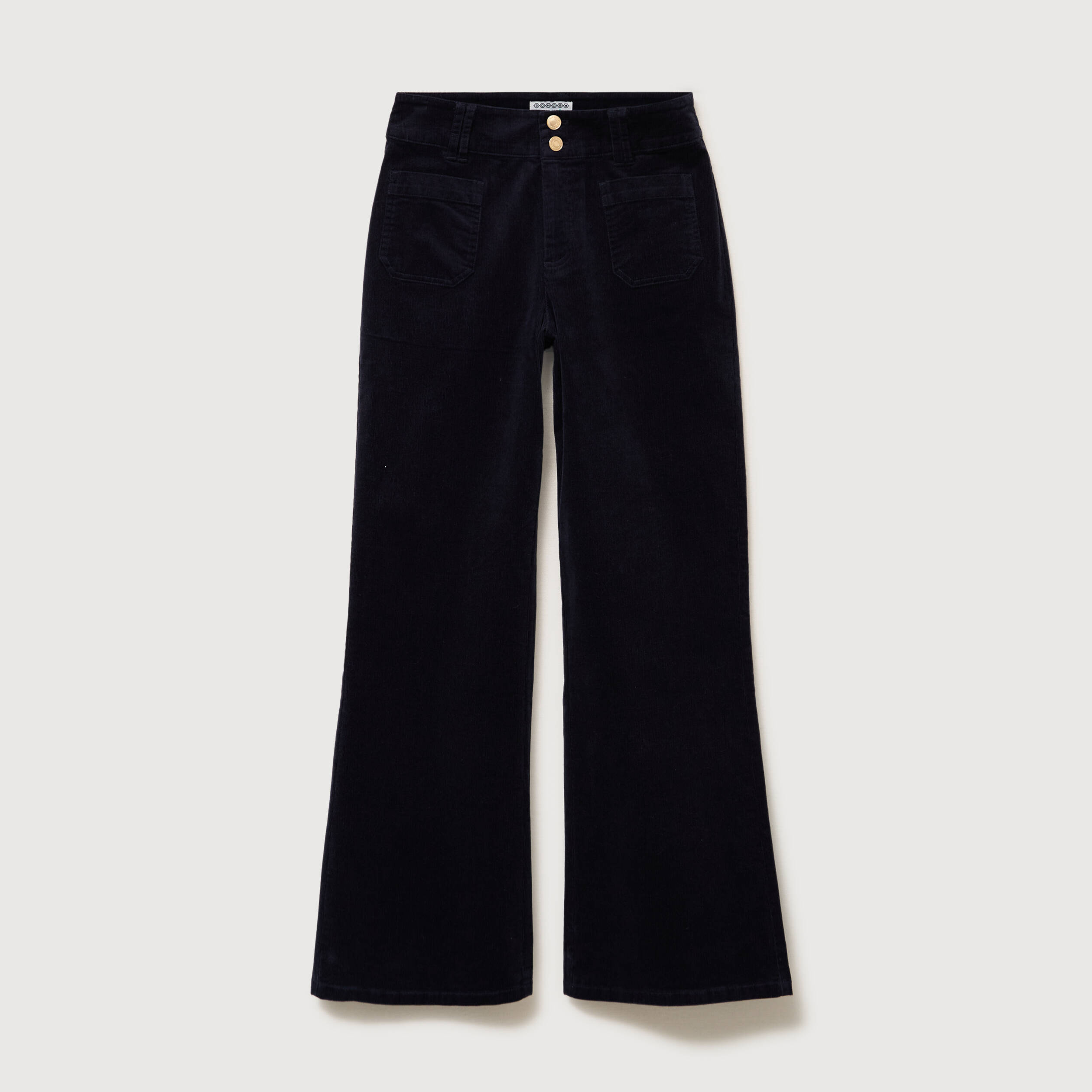 Pantalon flare taille haute en velours bleu fonc&eacute; femme