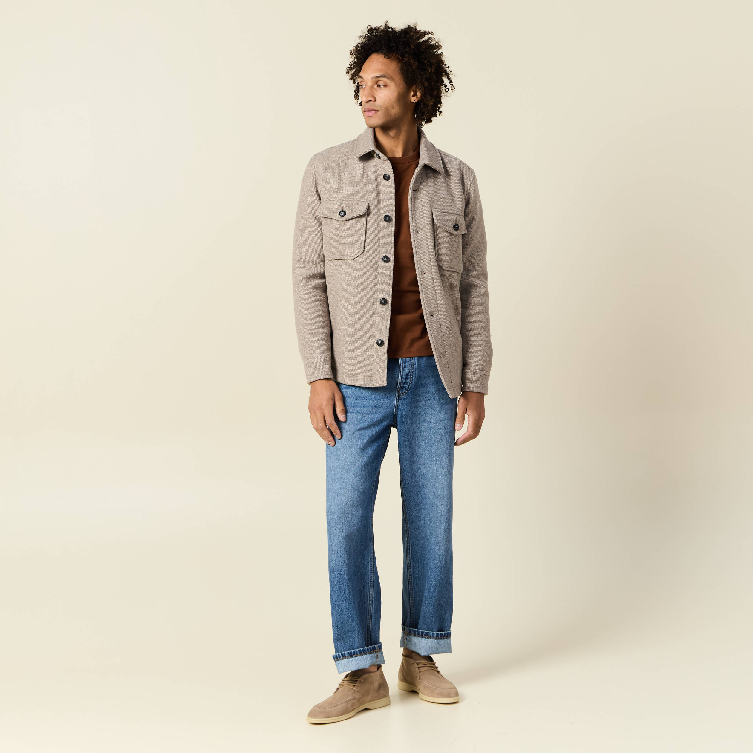 Surchemise boutonn&eacute;e beige homme