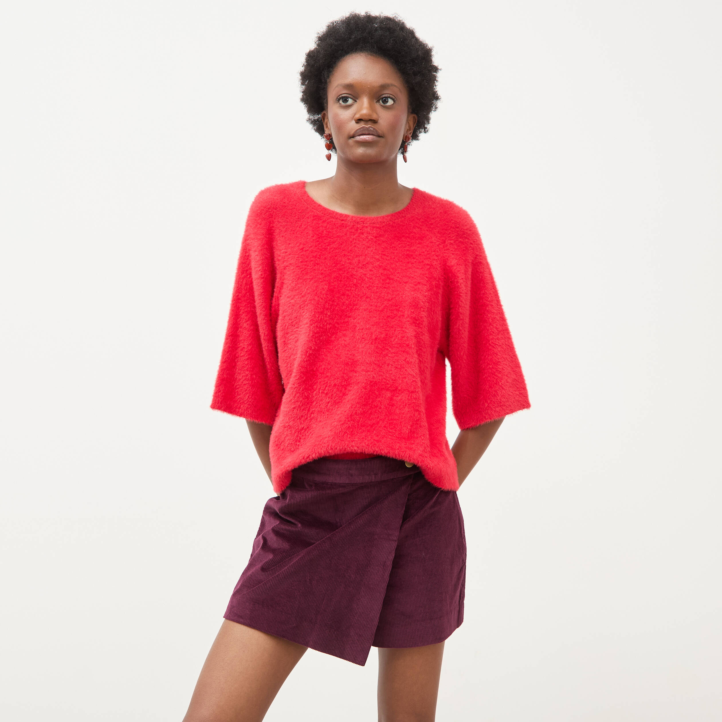 Jupe-short taille haute en velours prune femme