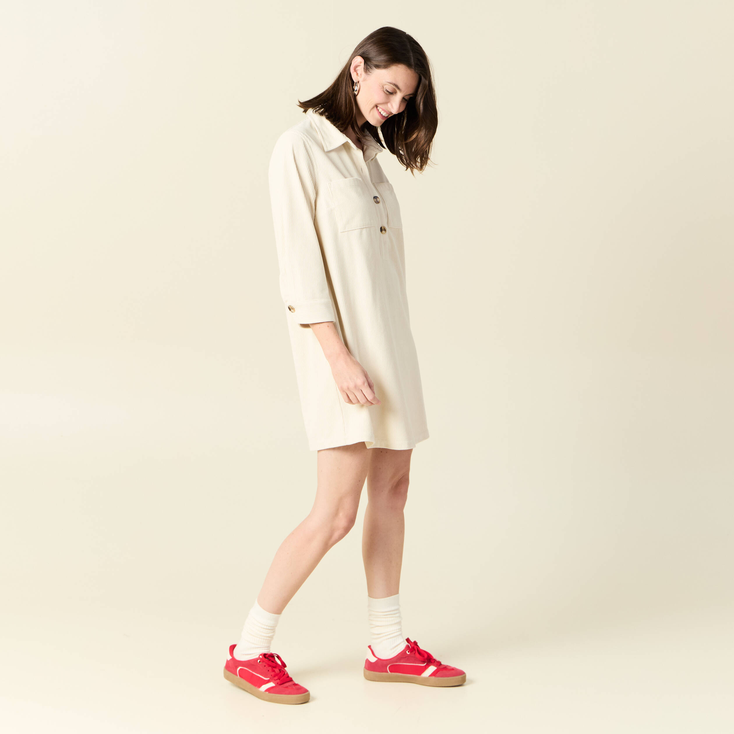 Robe droite velours col polo creme femme Vibs