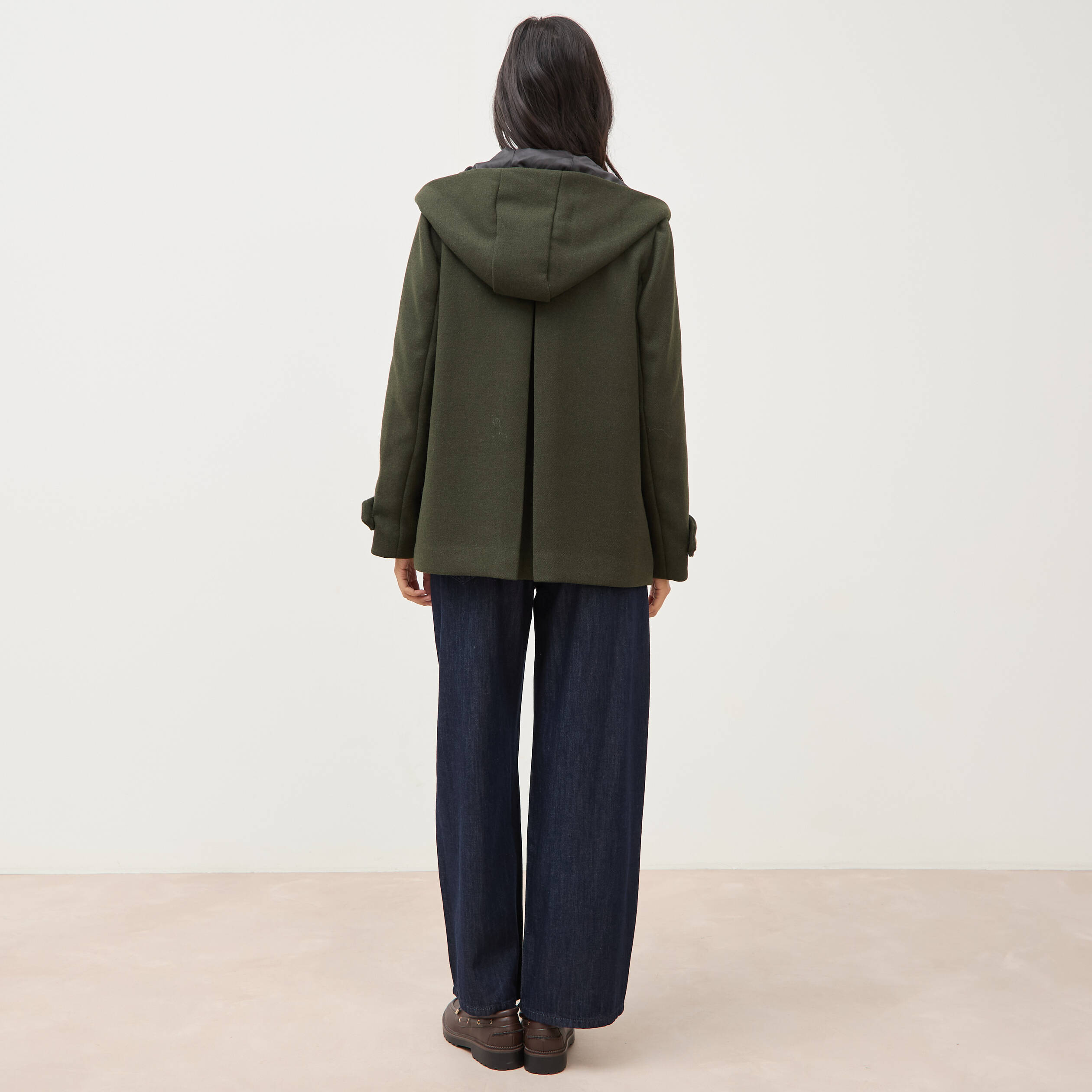 Caban oversize court &agrave; capuche vert olive femme