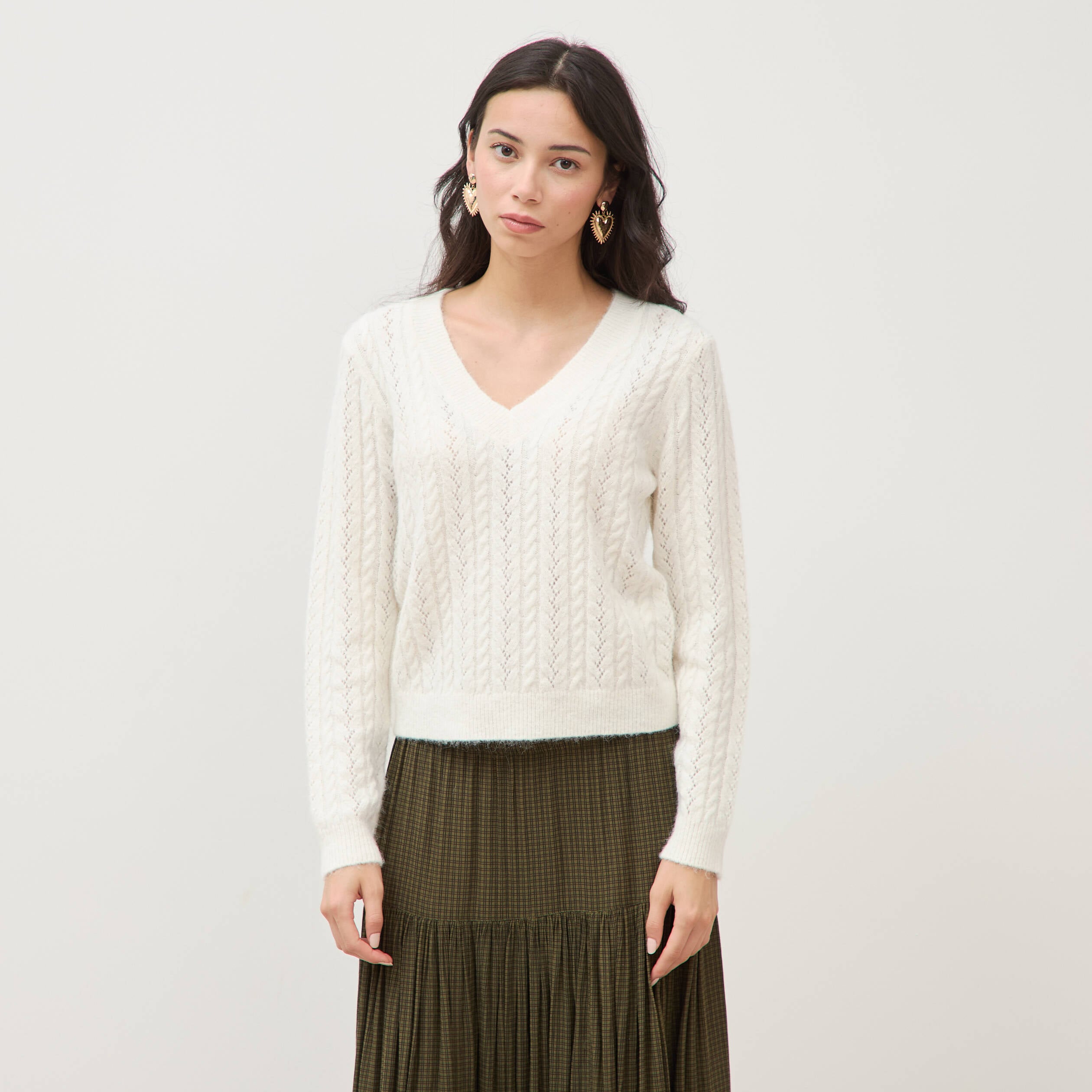 Pull droit col v manches longues ecru femme