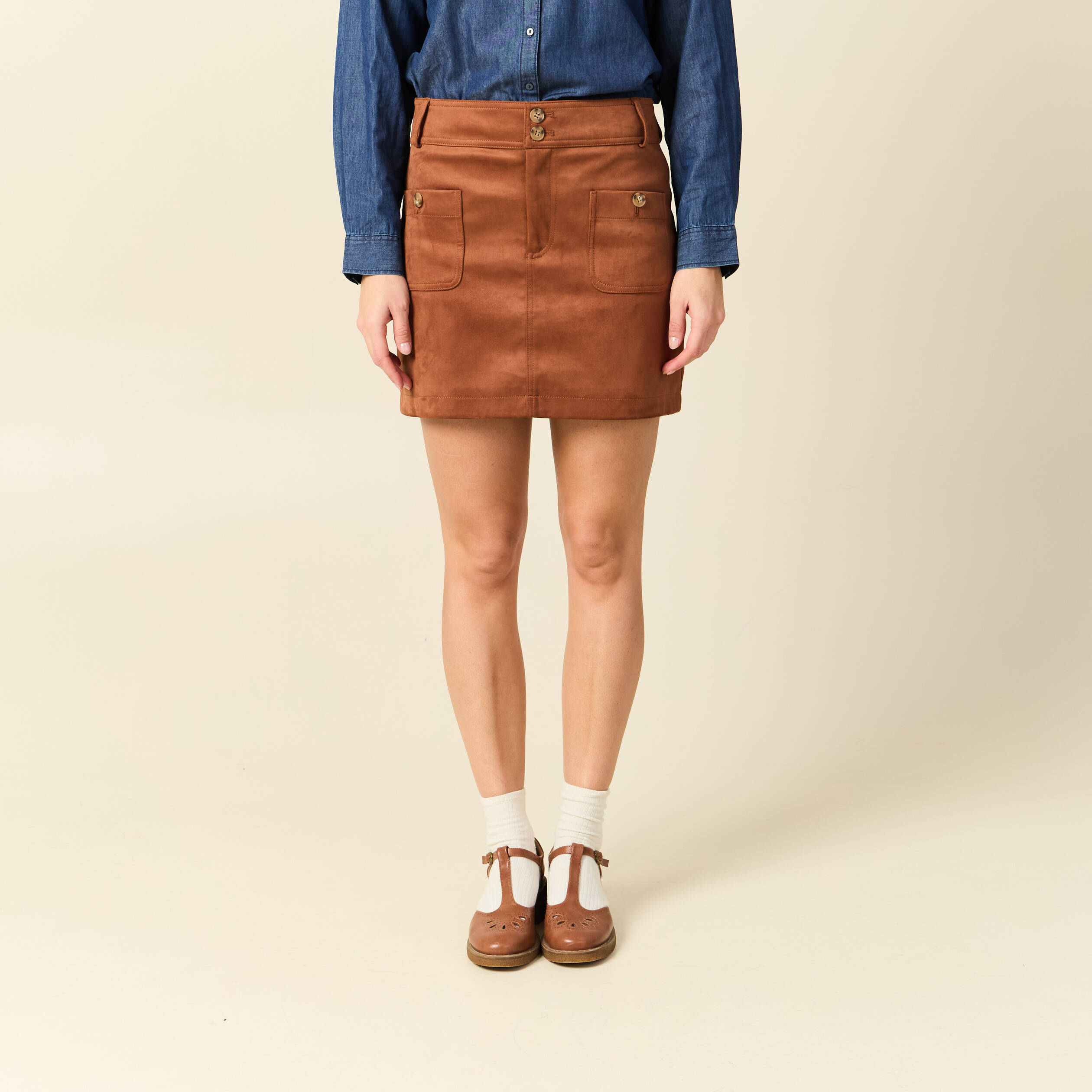 Mini-jupe droite doubl&eacute;e marron clair femme