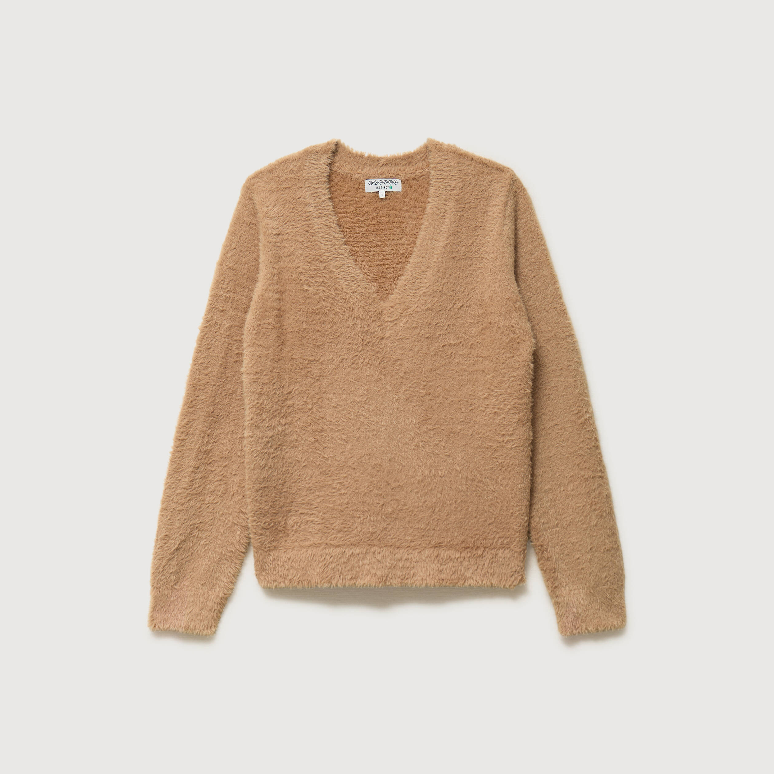 Pull droit col v manches longues camel femme