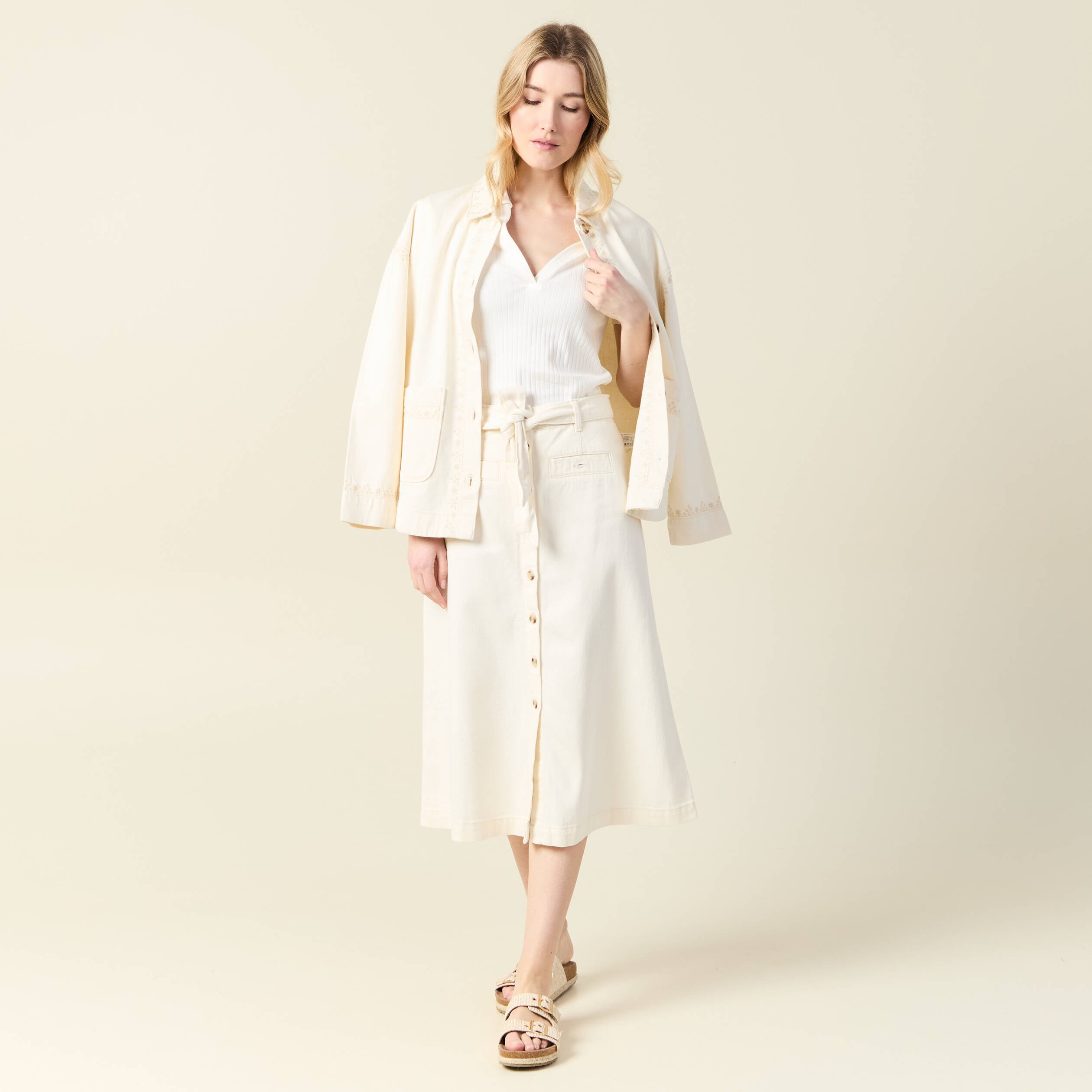 Jupe midi trap&egrave;ze denim blanc femme