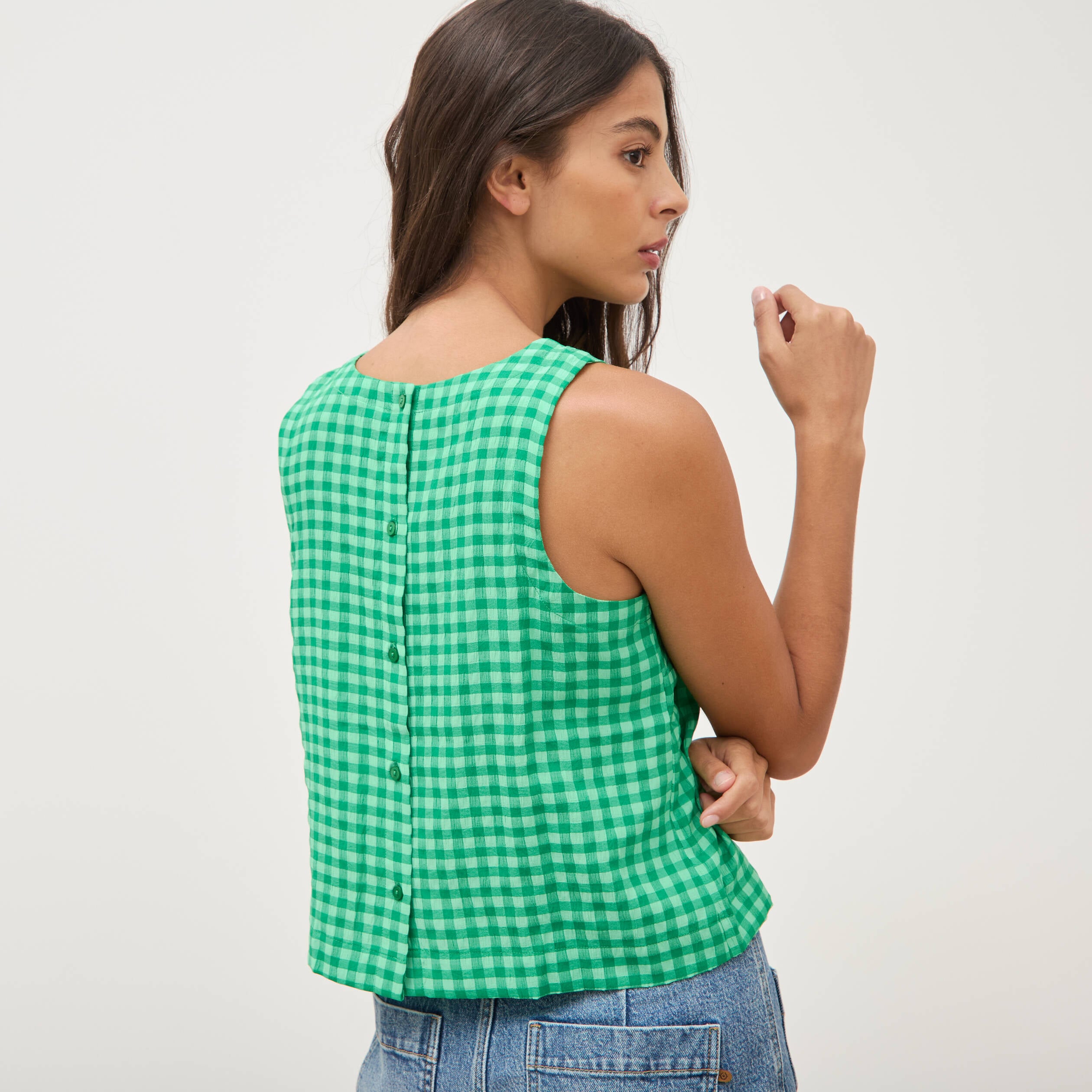 Blouse vichy droite cropped sans manches vert femme