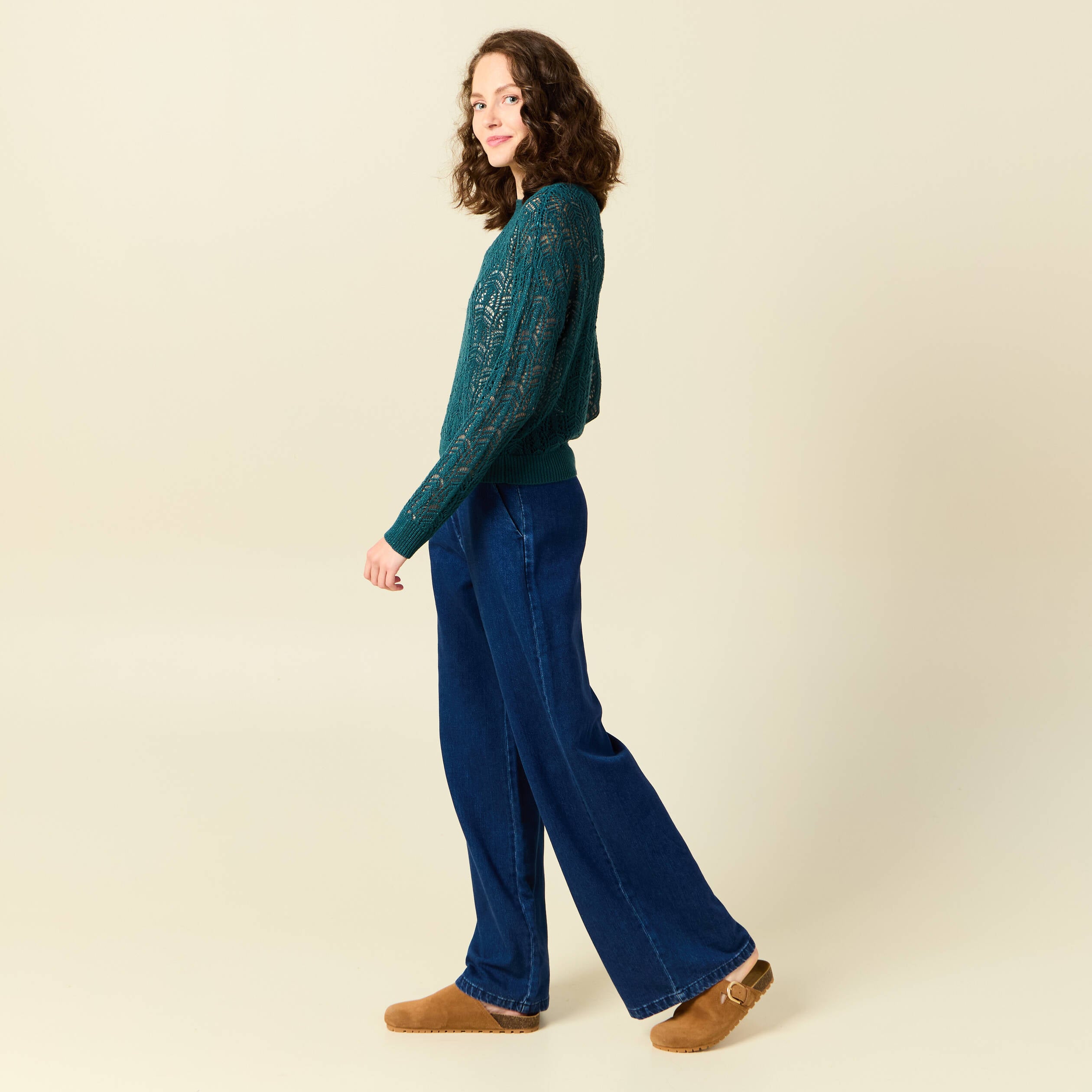 Pull ajour&eacute; manches longues col rond vert canard femme