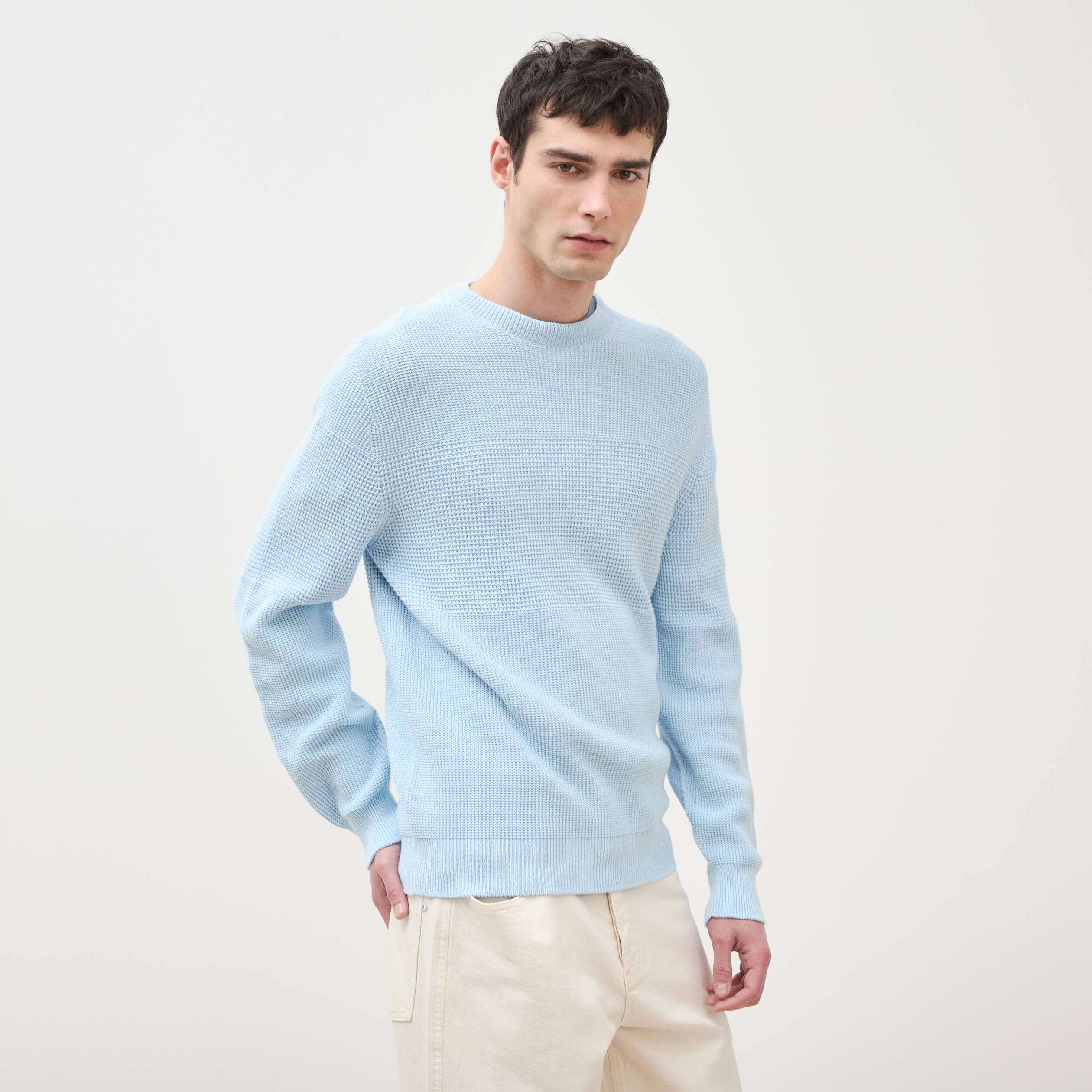 Pull col rond manches longues en coton bleu ciel homme