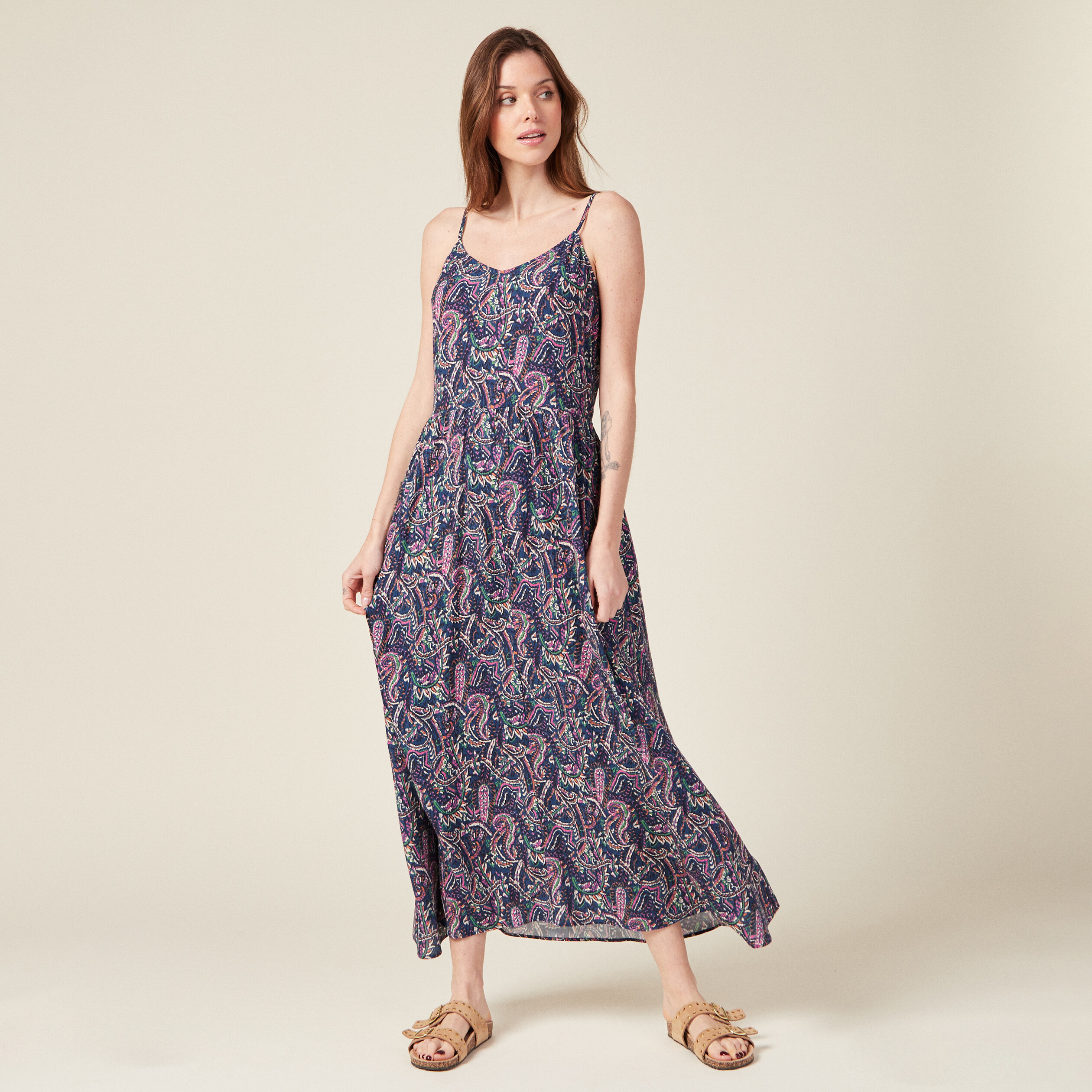 Robe longue droite à bretelles bleu femme