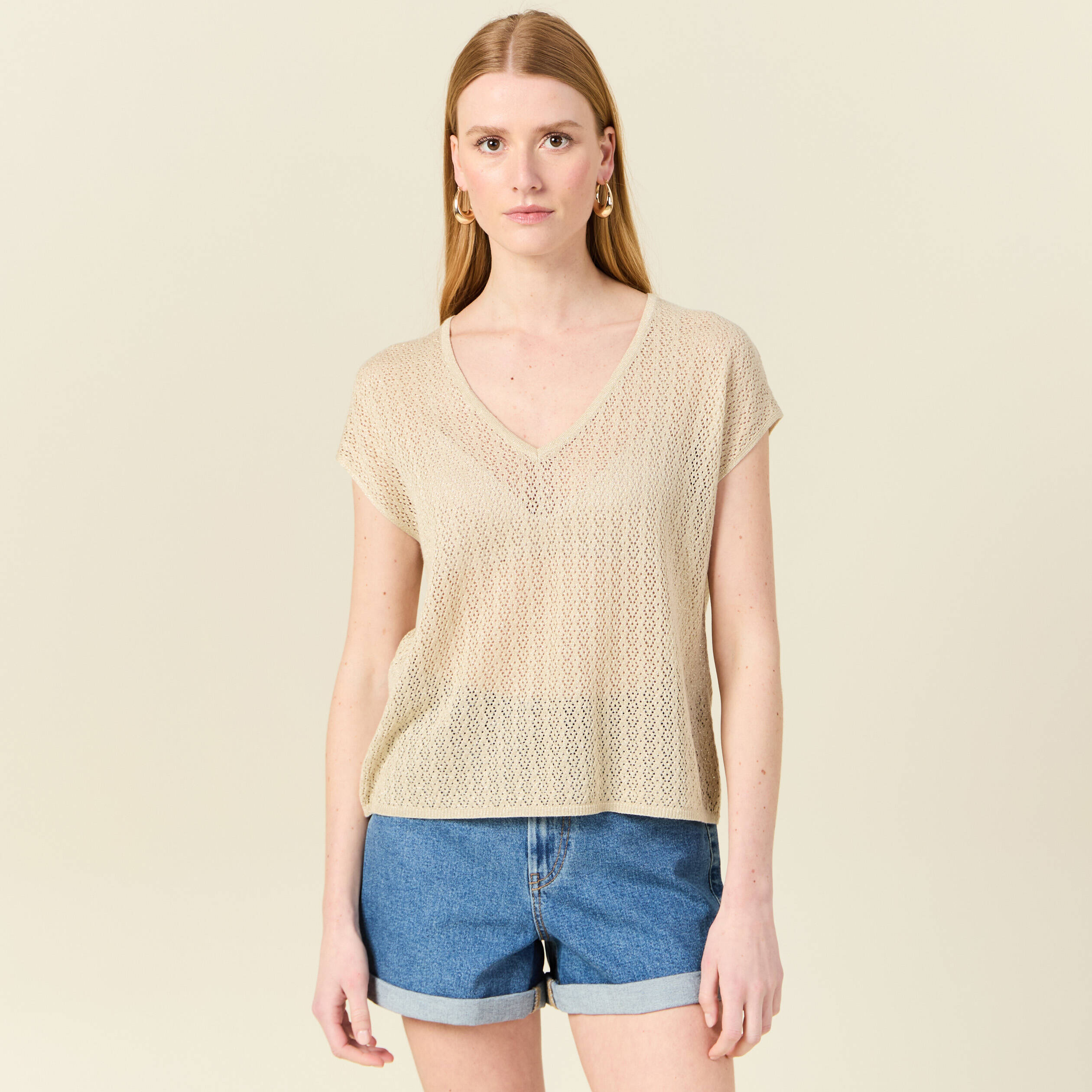 Pull manches courtes ajouré creme femme