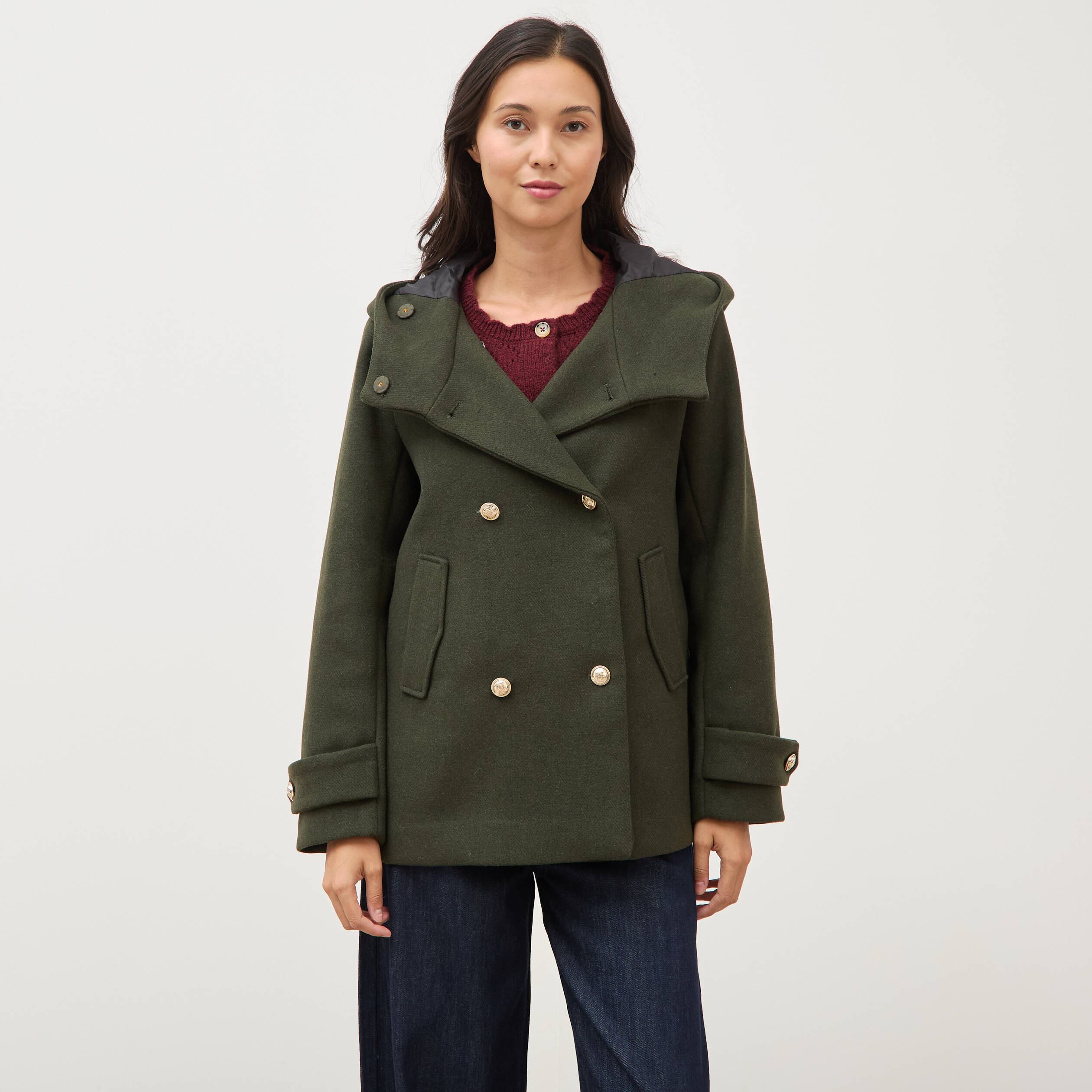 Caban oversize court &agrave; capuche vert olive femme