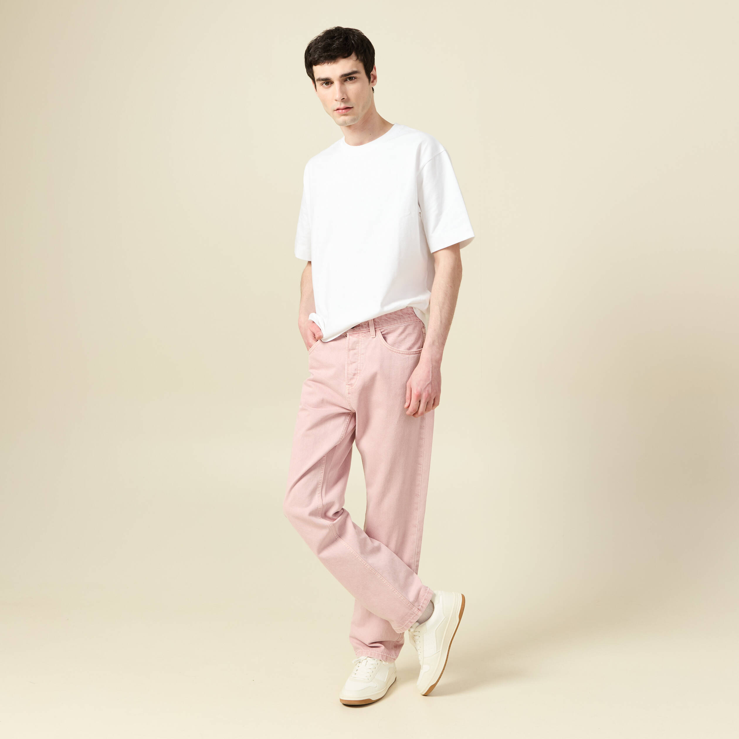 Jeans straight longueur 32 en coton rose homme