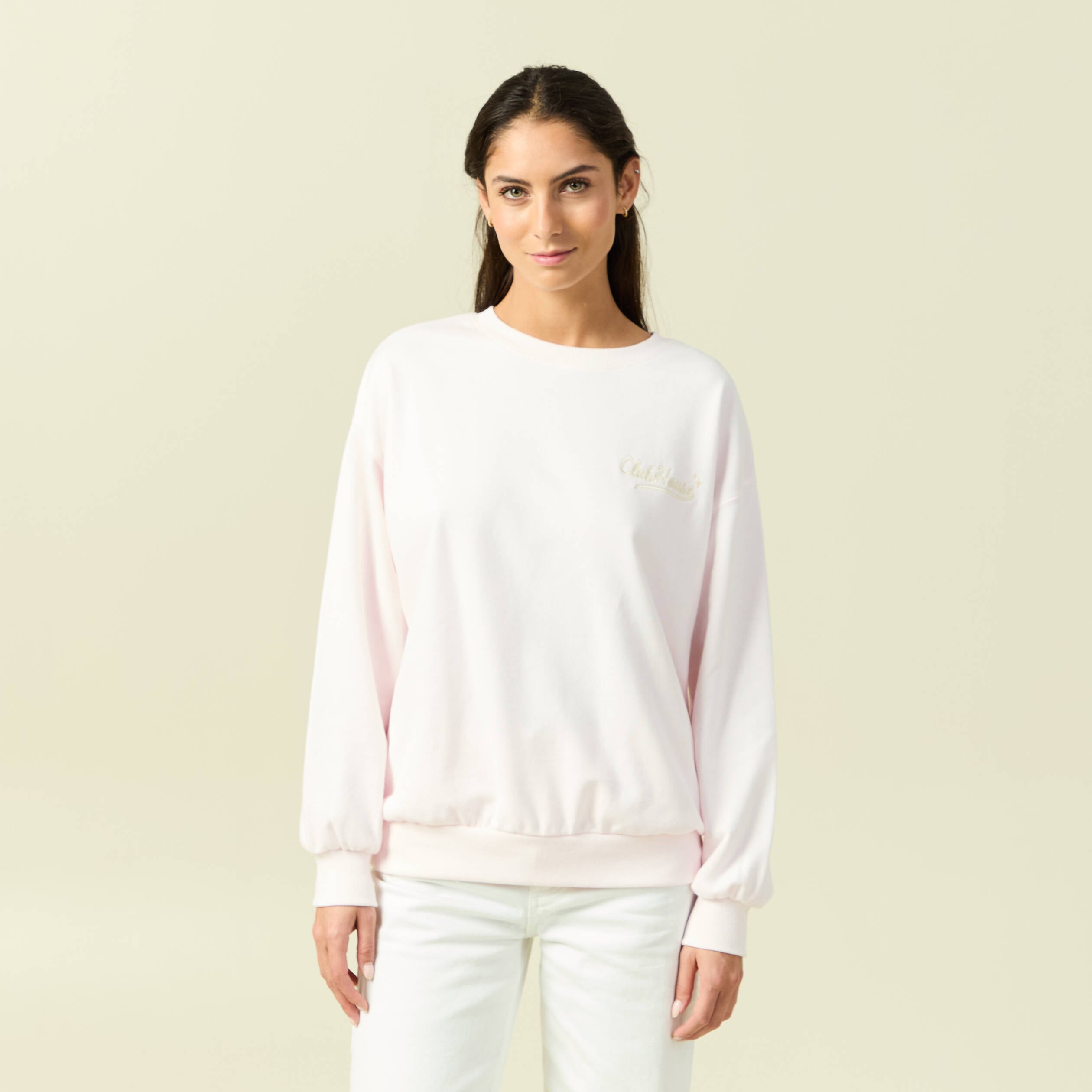 Sweat oversize manches longues brod&eacute; rose poudr&eacute;e femme