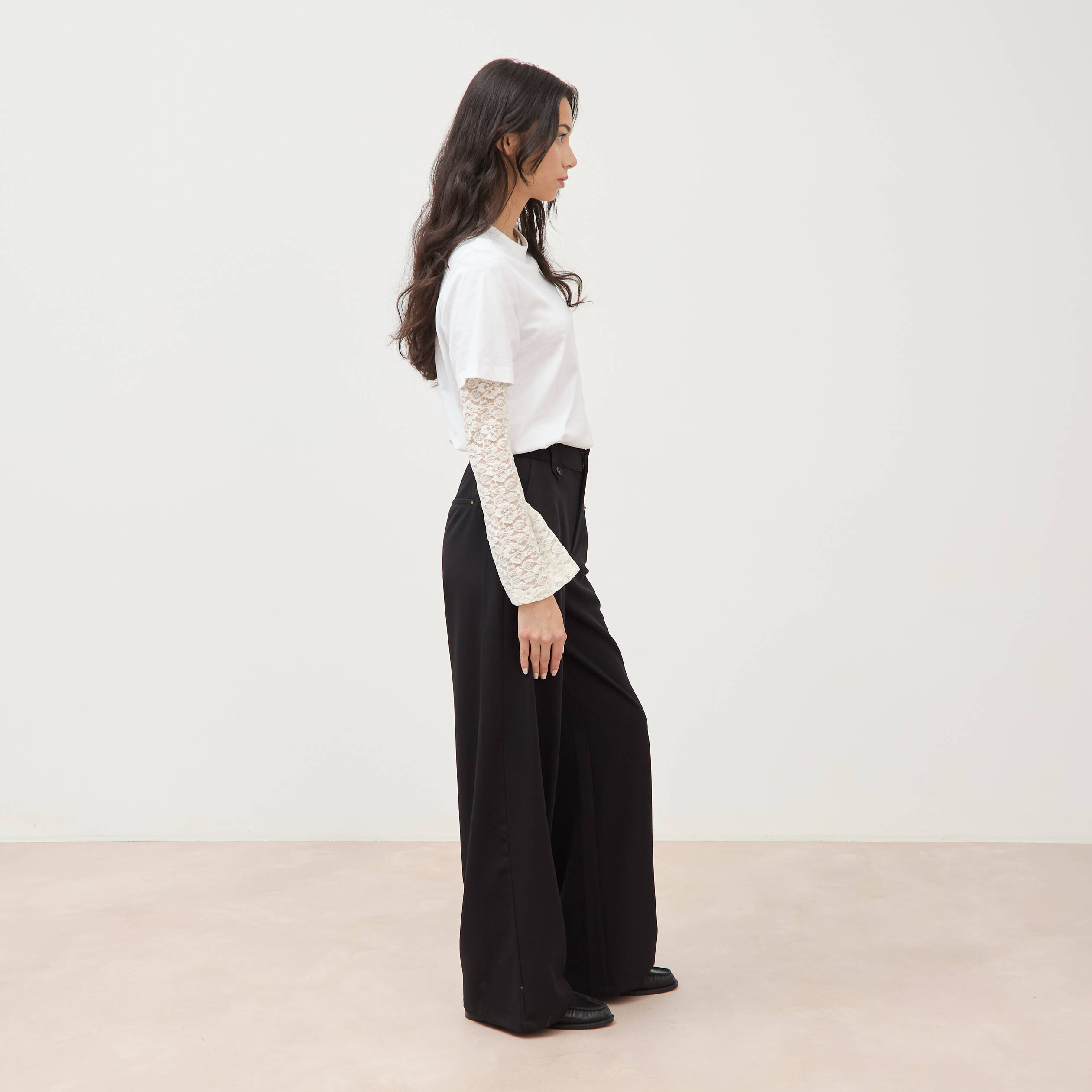 Pantalon large taille haute fluide noir femme