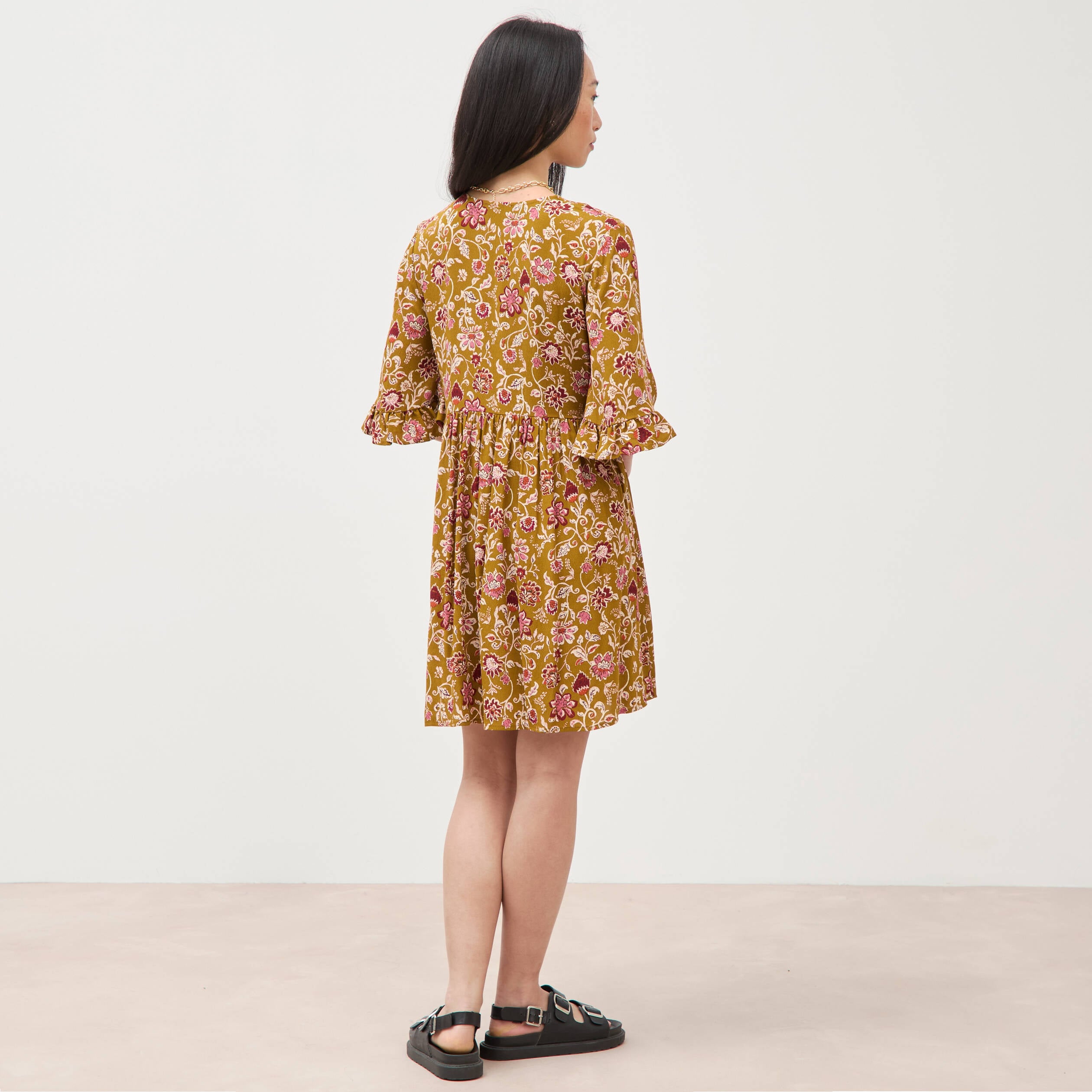 Robe col v manches au coude vert olive femme