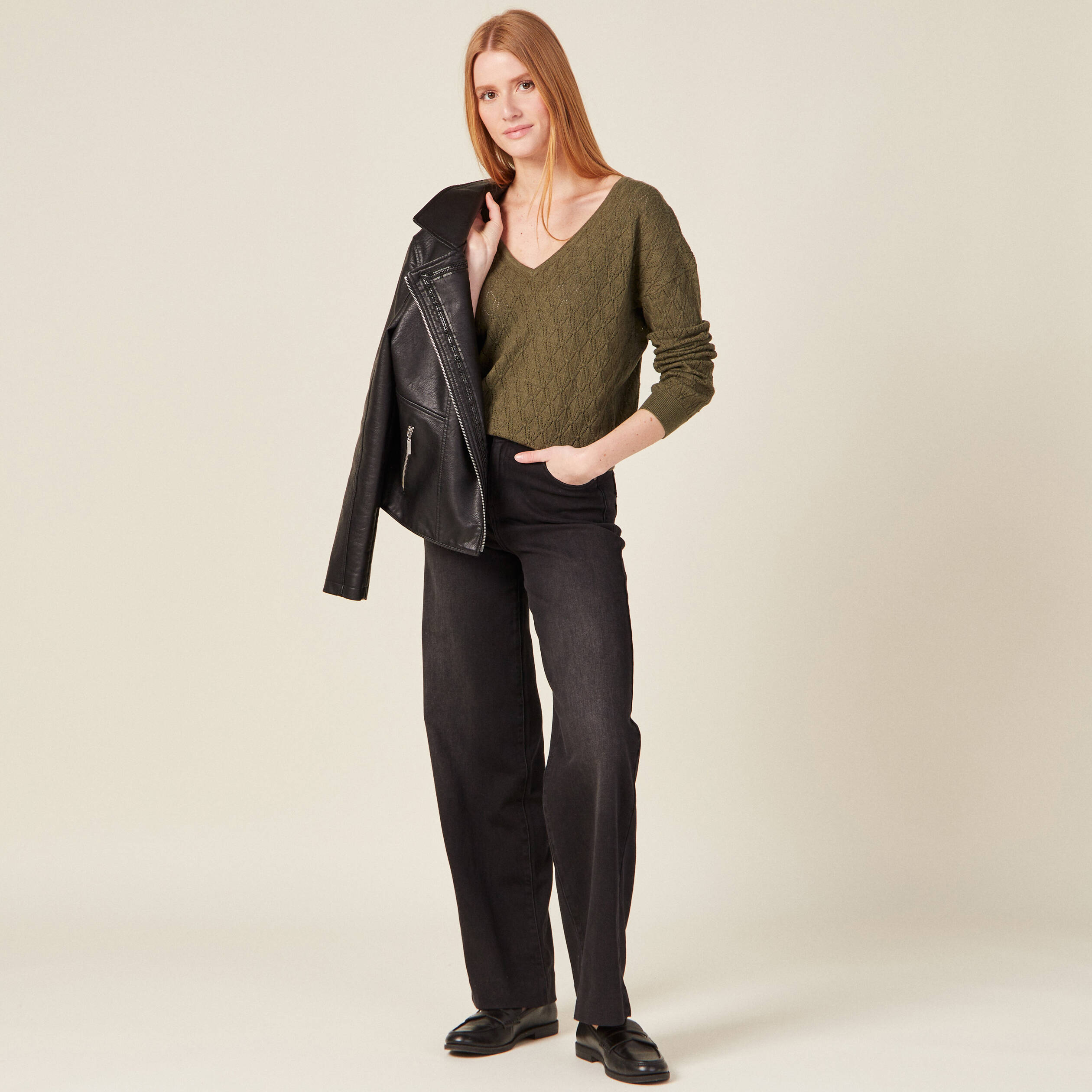 Pull fin à manches longues vert kaki femme