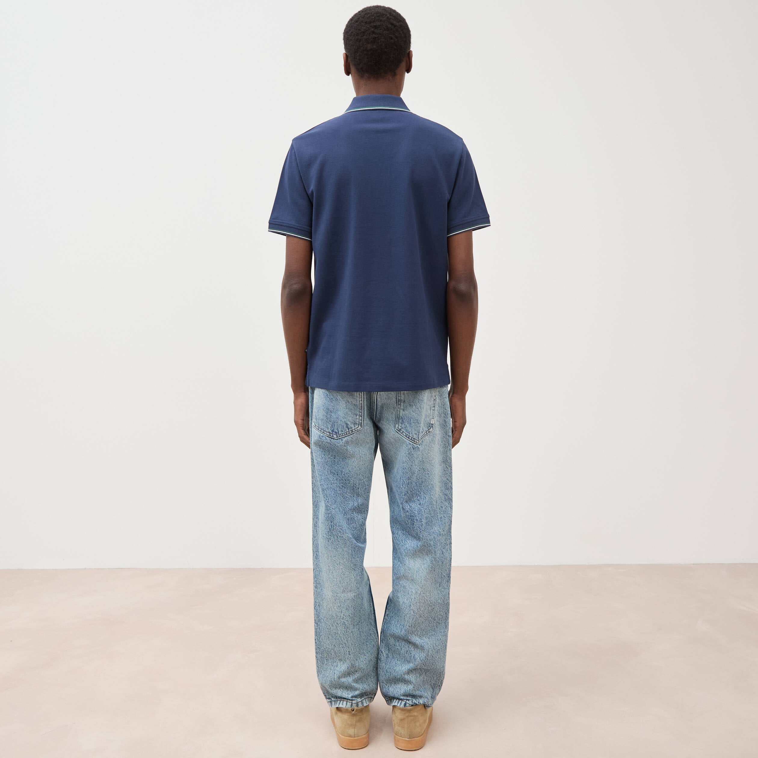 Polo cintr&eacute; en coton manches courtes bleu marine homme