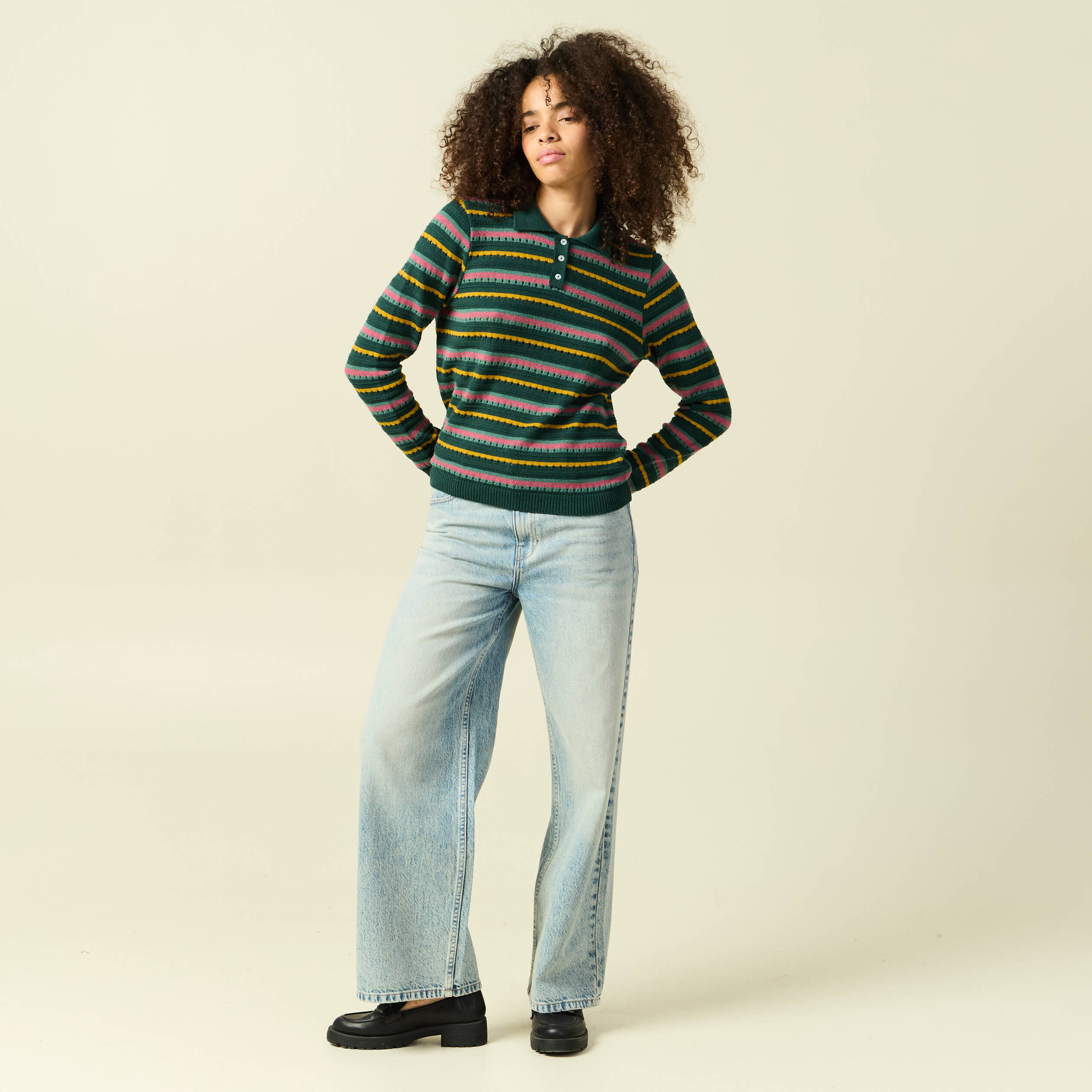 Pull col polo manches longues vert fonc&eacute; femme
