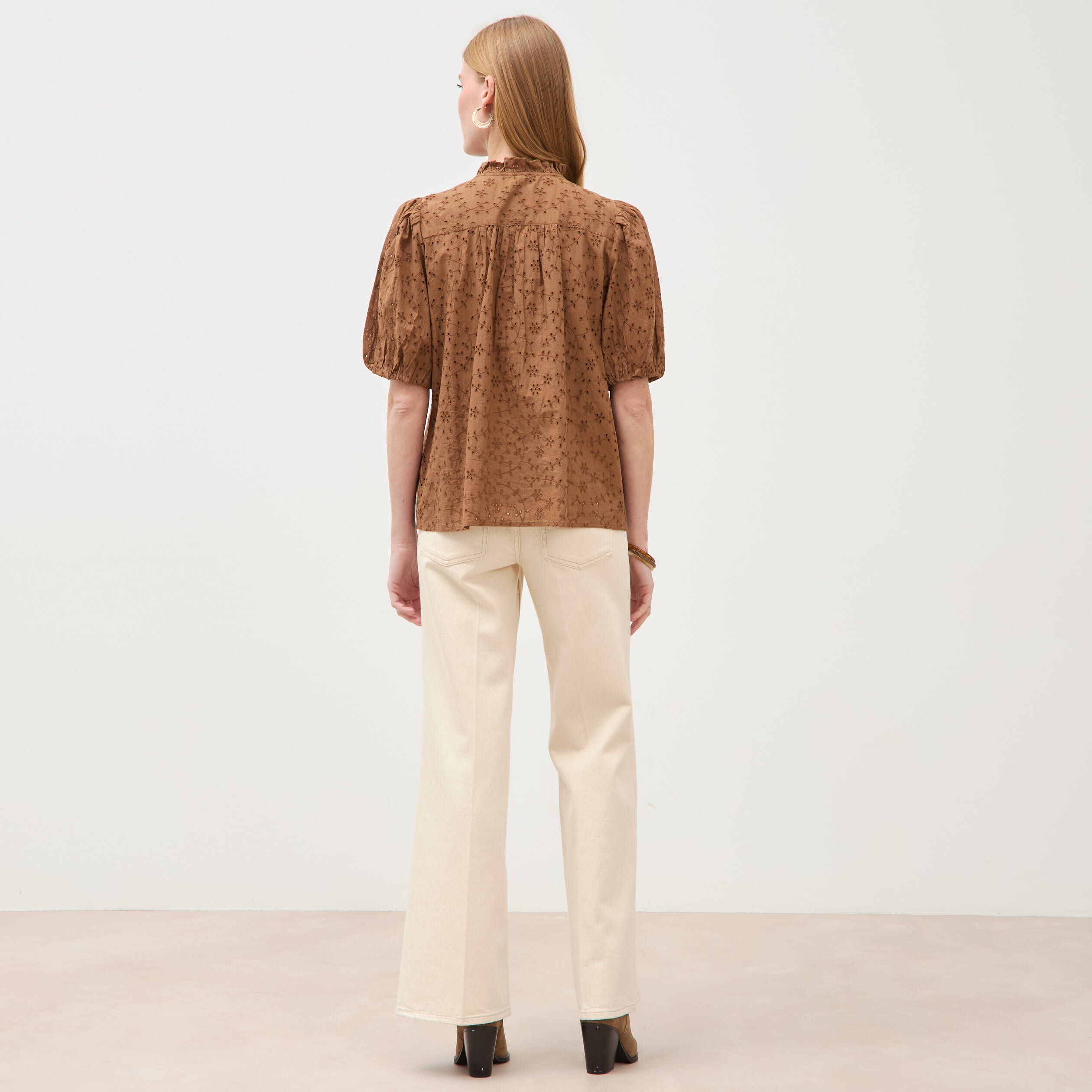 Chemise en coton manches coude marron femme