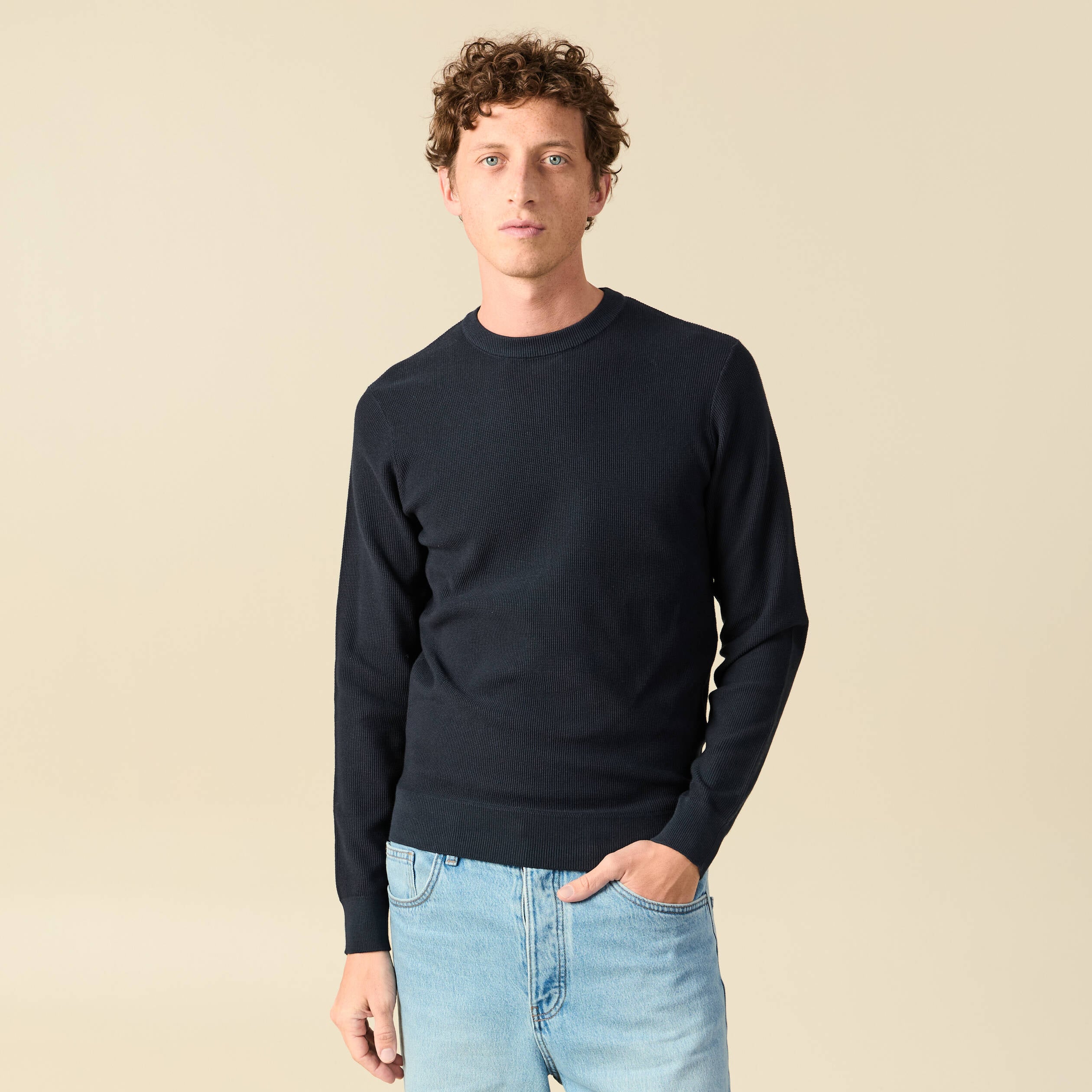 Pull fin col rond manches longues bleu marine homme