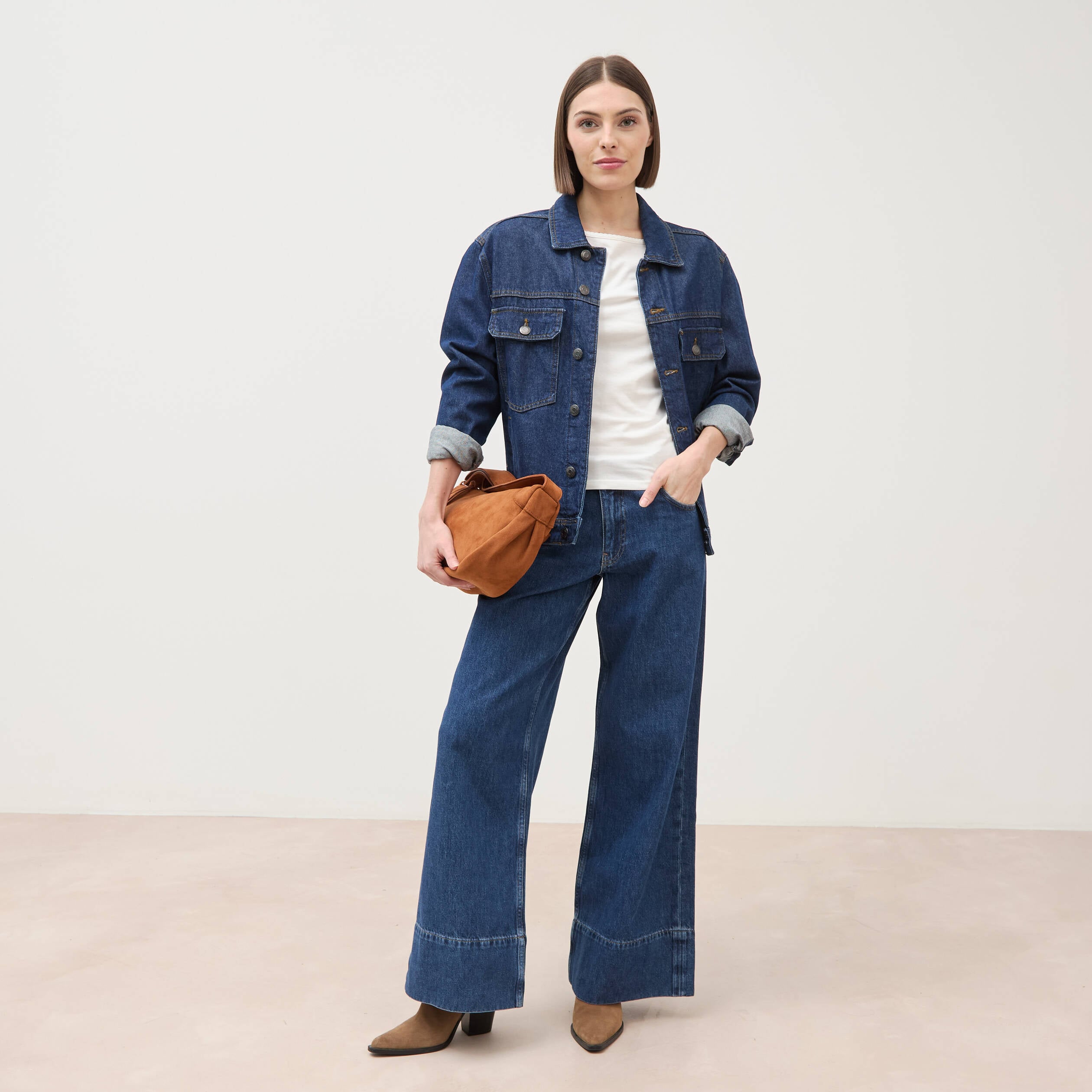 Jeans loose taille haute en coton denim used femme
