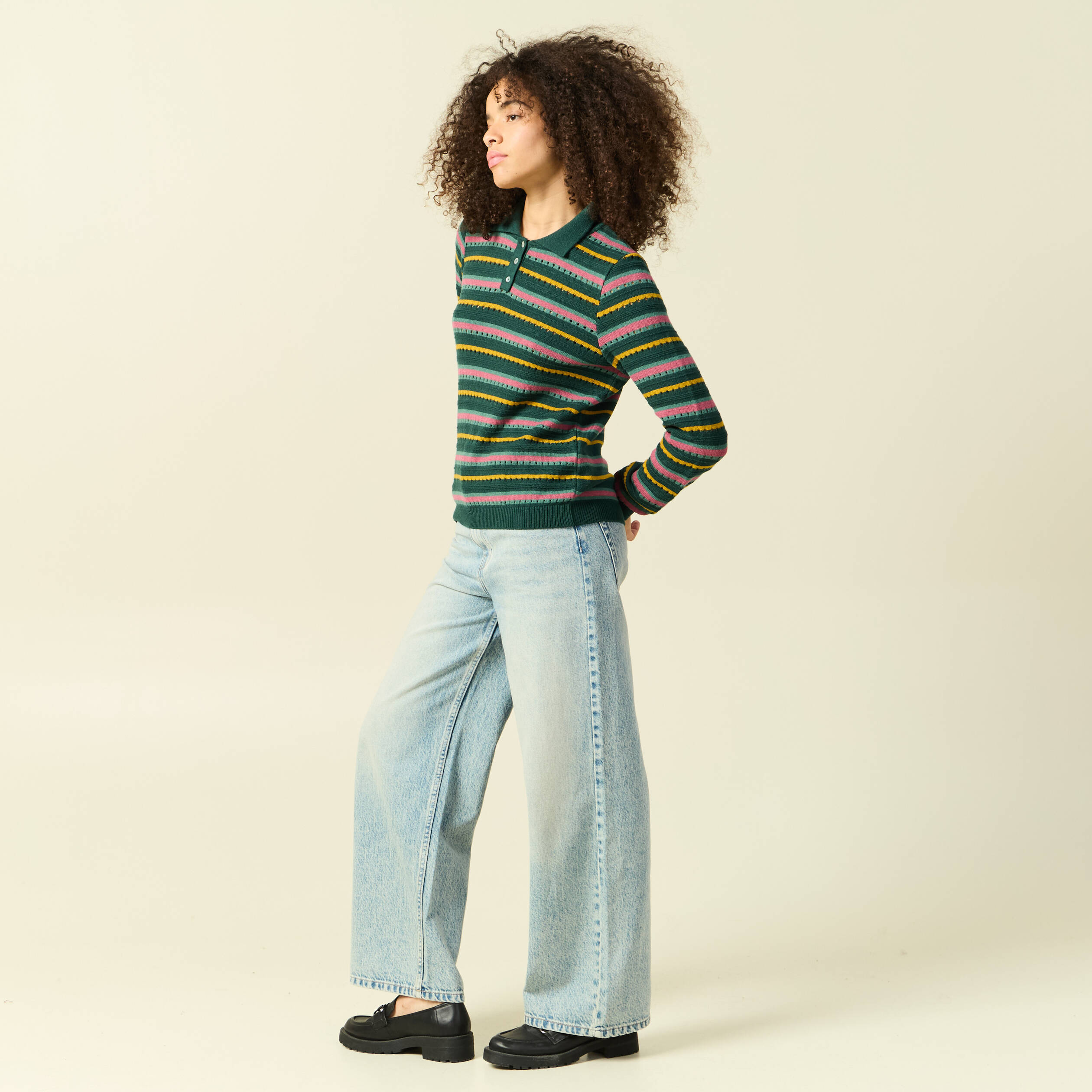 Pull col polo manches longues vert fonc&eacute; femme