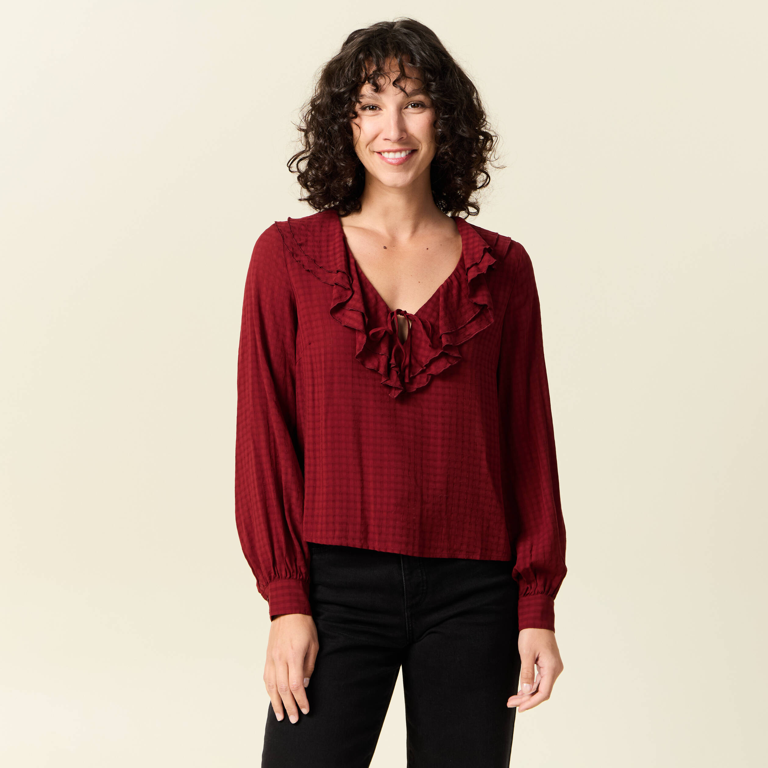 Blouse manches longues rouge fonc&eacute; femme