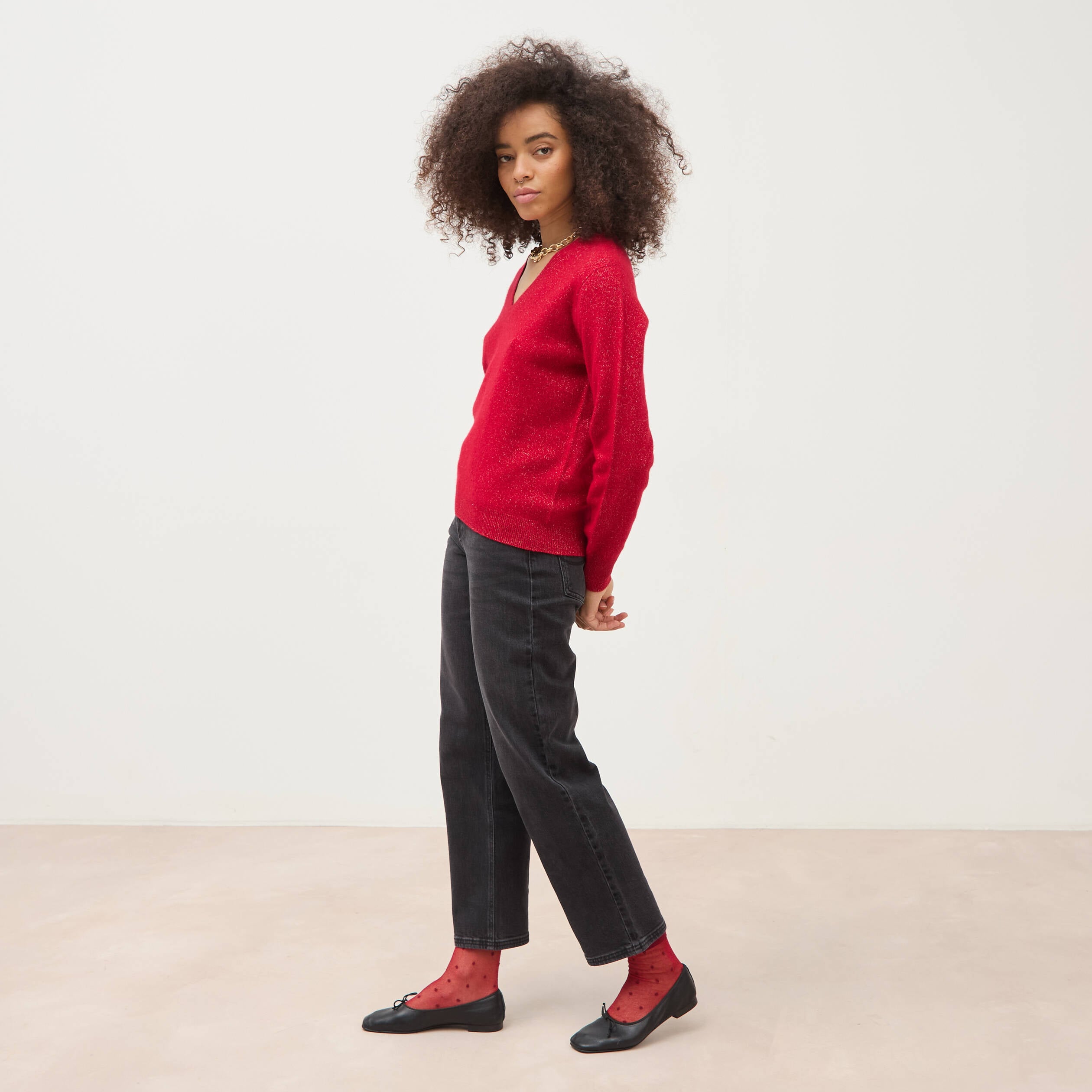 Pull droit col v manches longues rouge femme