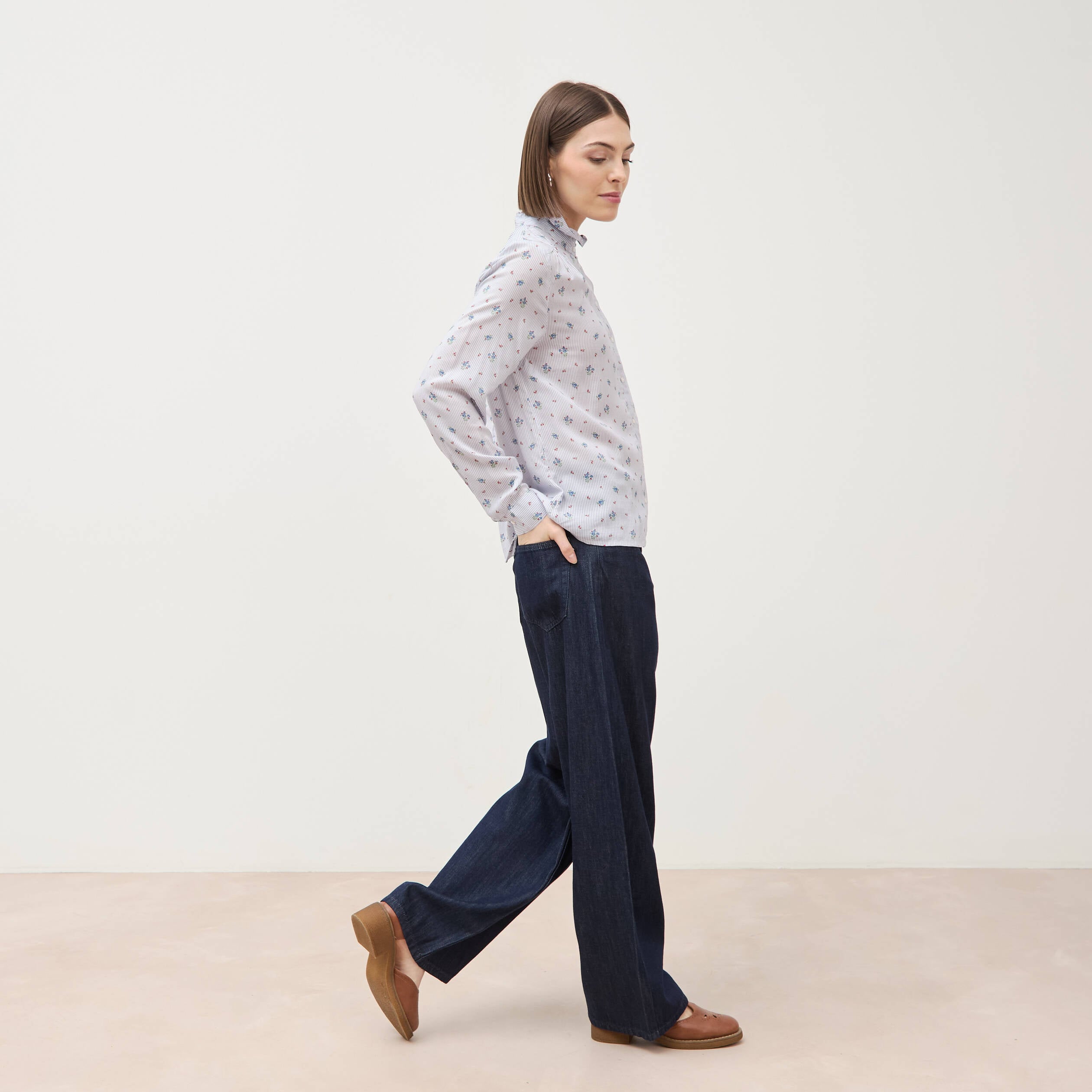 Chemise droite manches longues bleu ciel femme