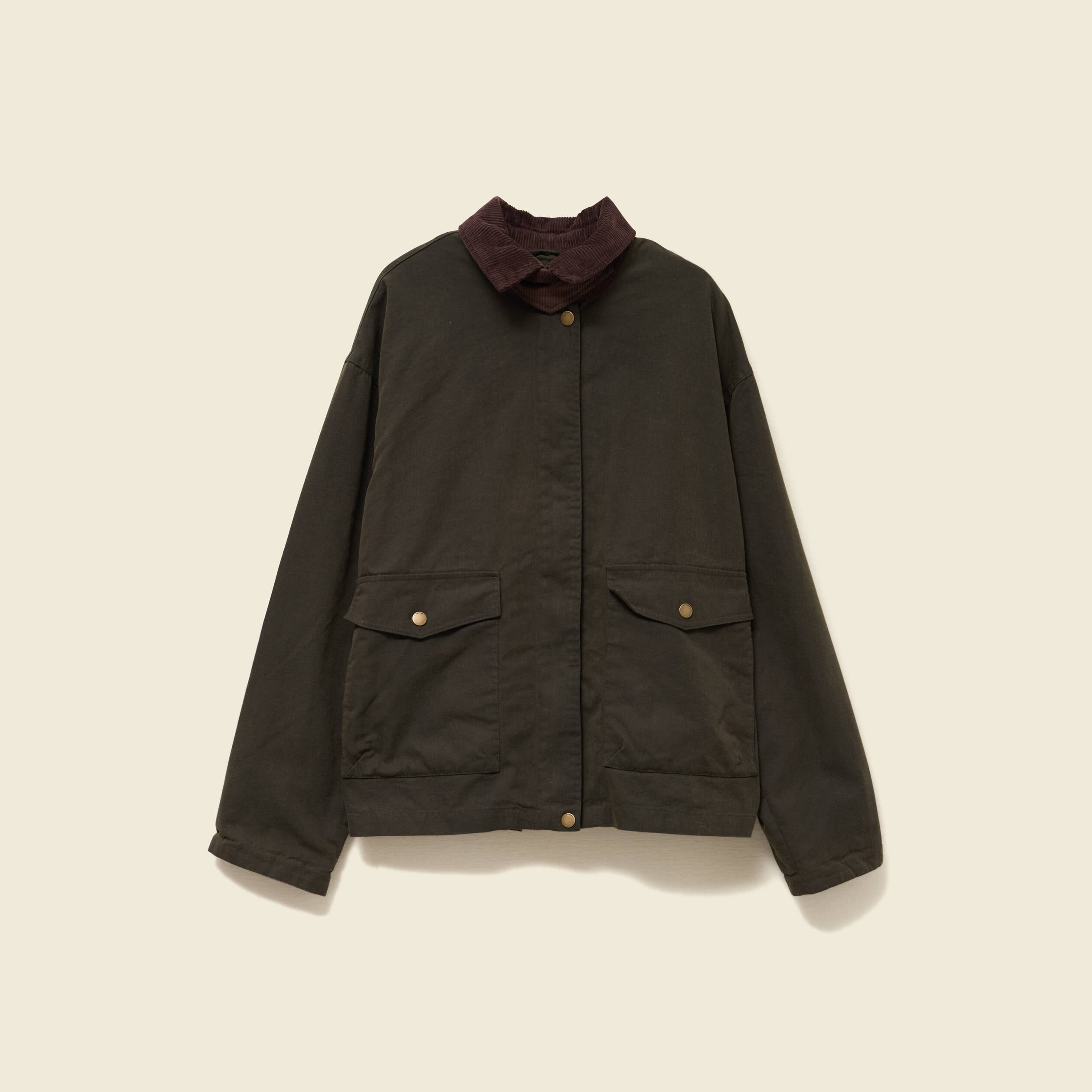 Parka oversize courte col classique vert kaki femme