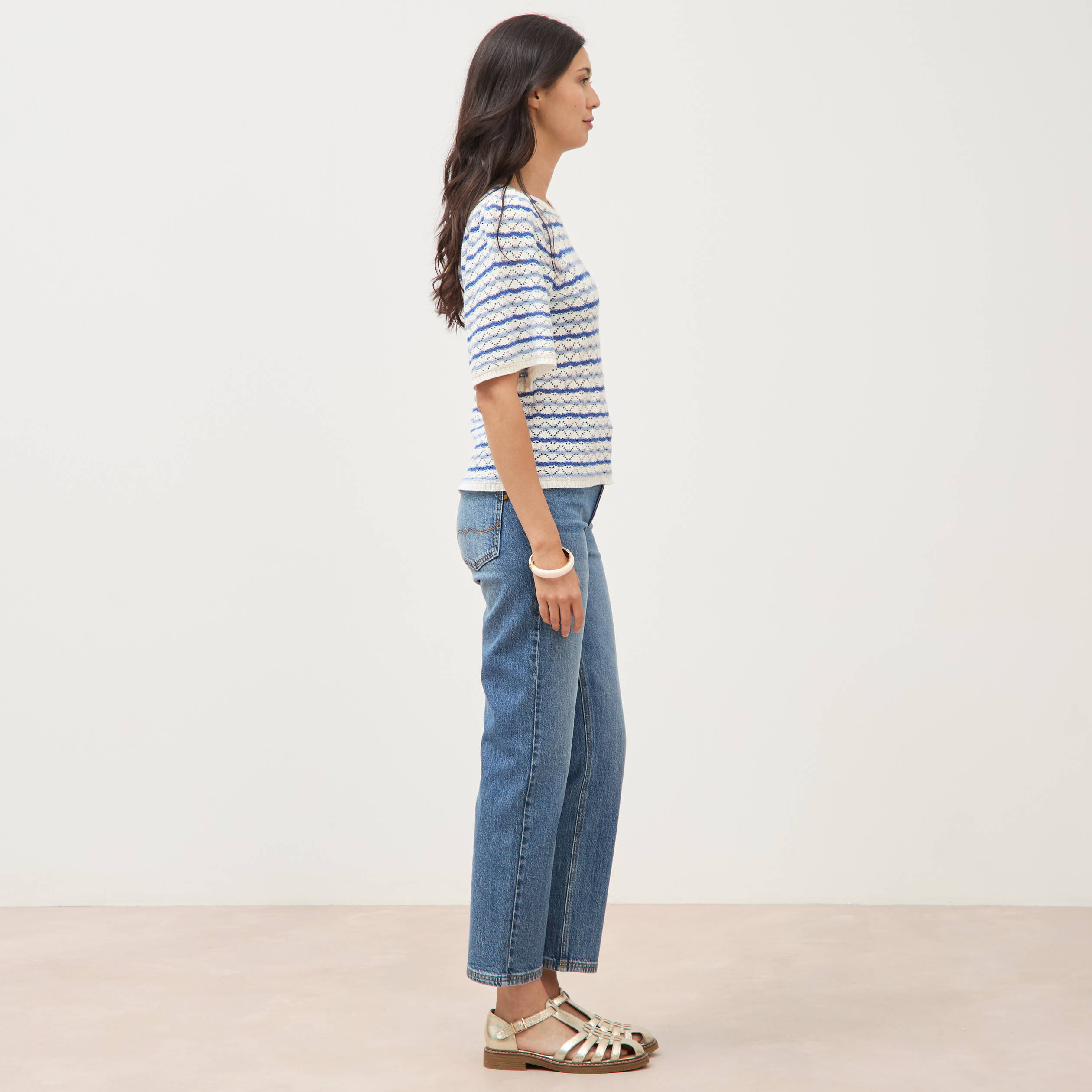 Pull col bateau manches courtes bleu femme