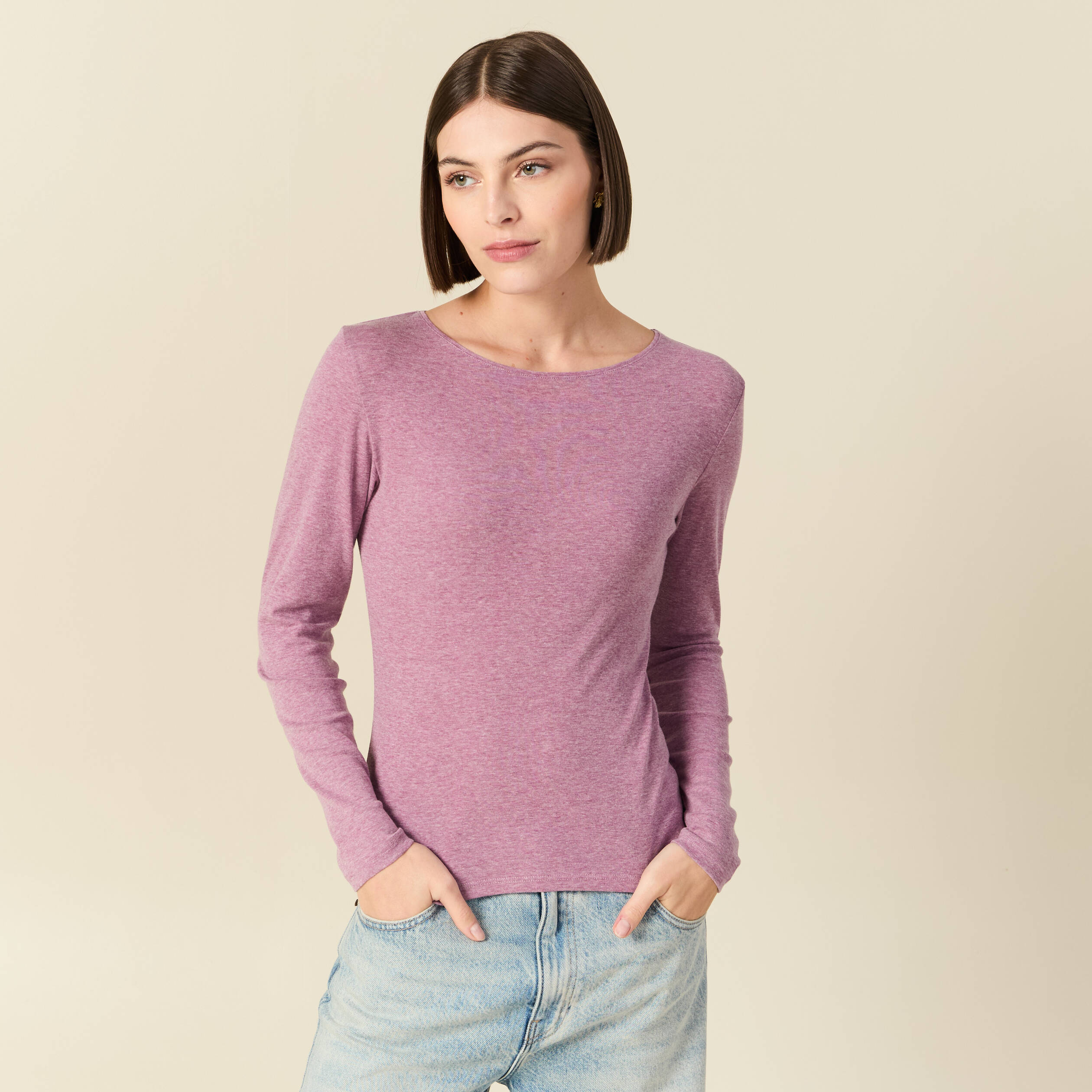 T-shirt cintr&eacute; manches longues col rond mauve femme