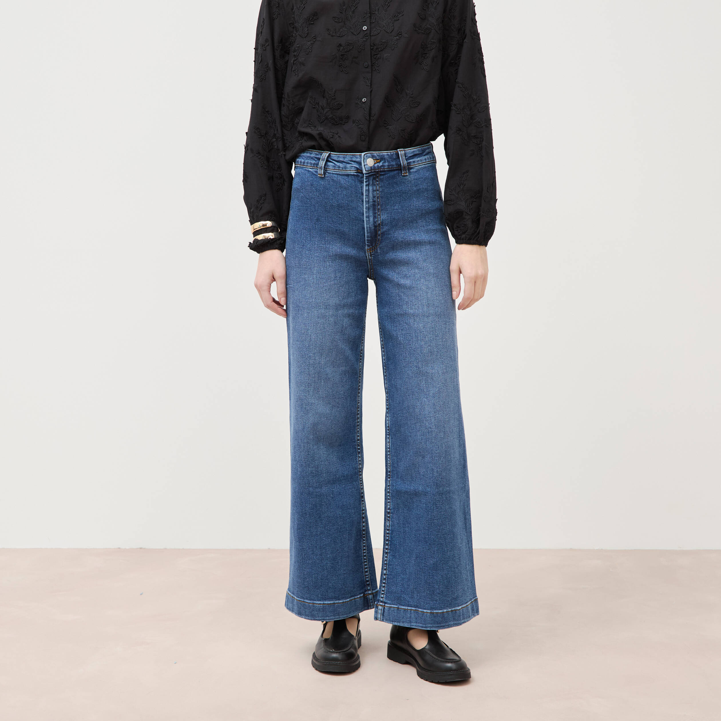 Jeans large taille haute denim stone femme