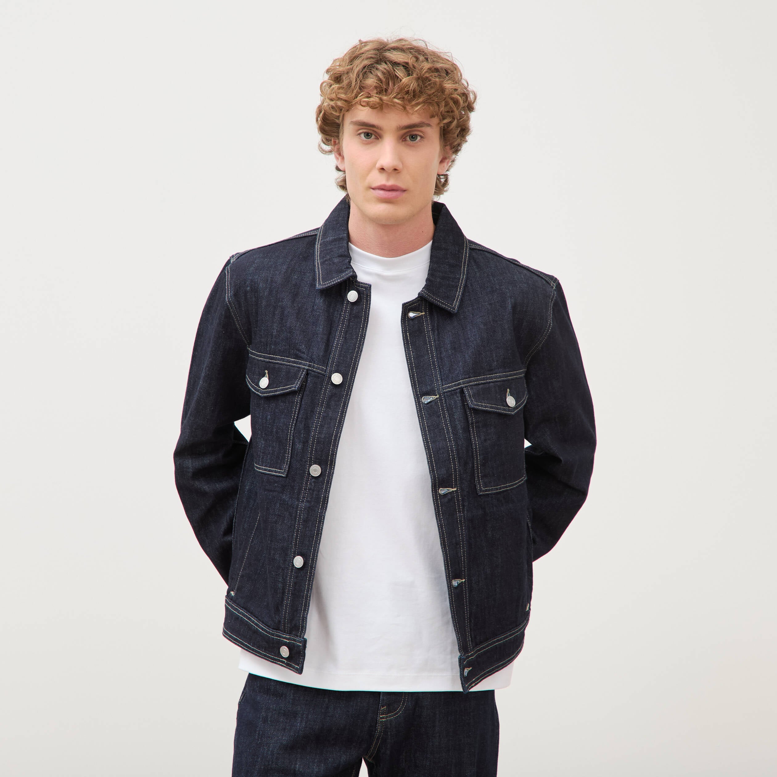 Veste droite en coton col classique denim brut rinse homme
