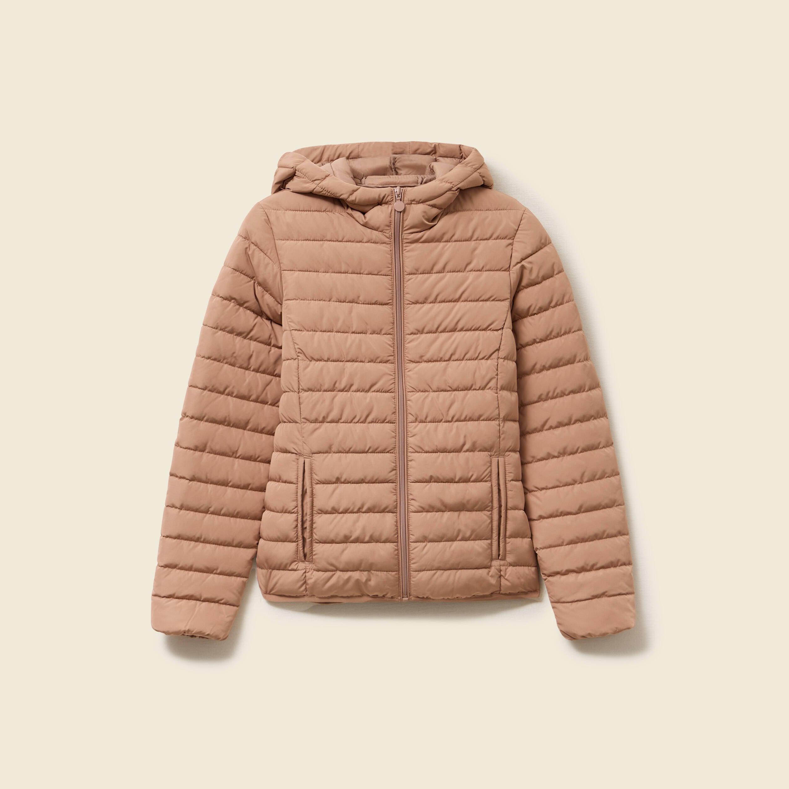 Doudoune ajust&eacute;e mi-longue &agrave; capuche marron clair femme