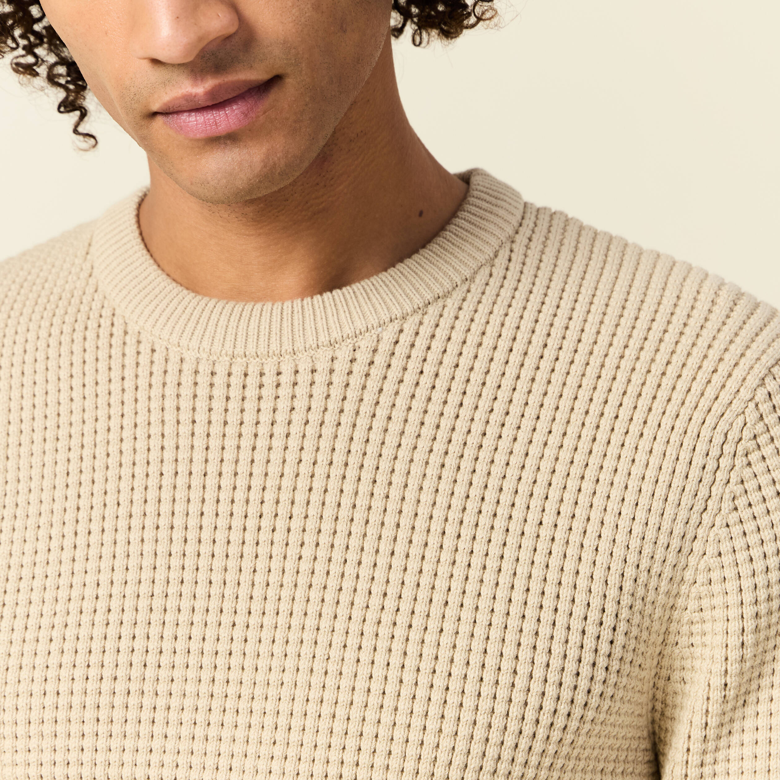 Pull manches longues col rond sable homme