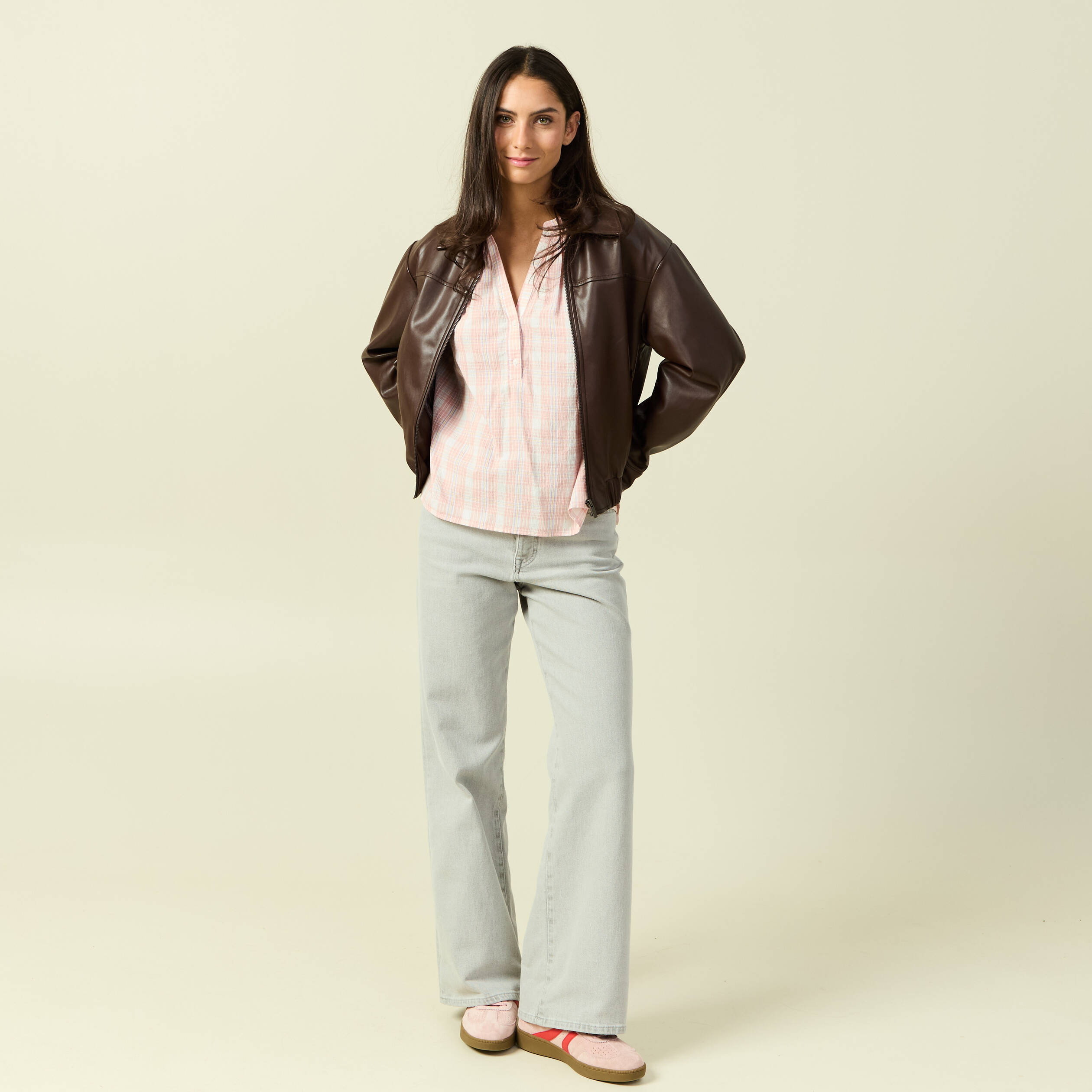 Blouse en coton &agrave; carreaux blanc femme