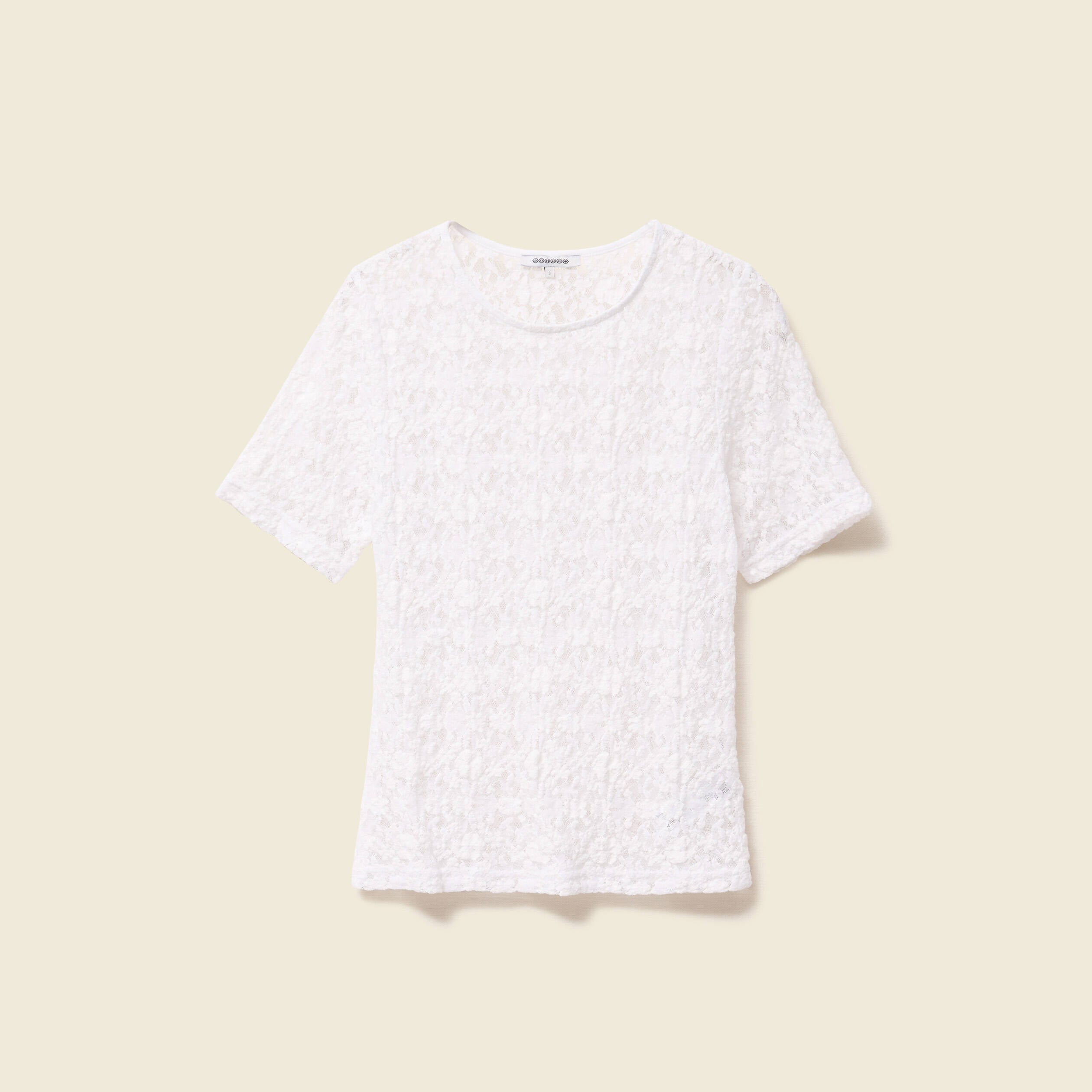 T-shirt cintr&eacute; col rond dentelle blanc femme