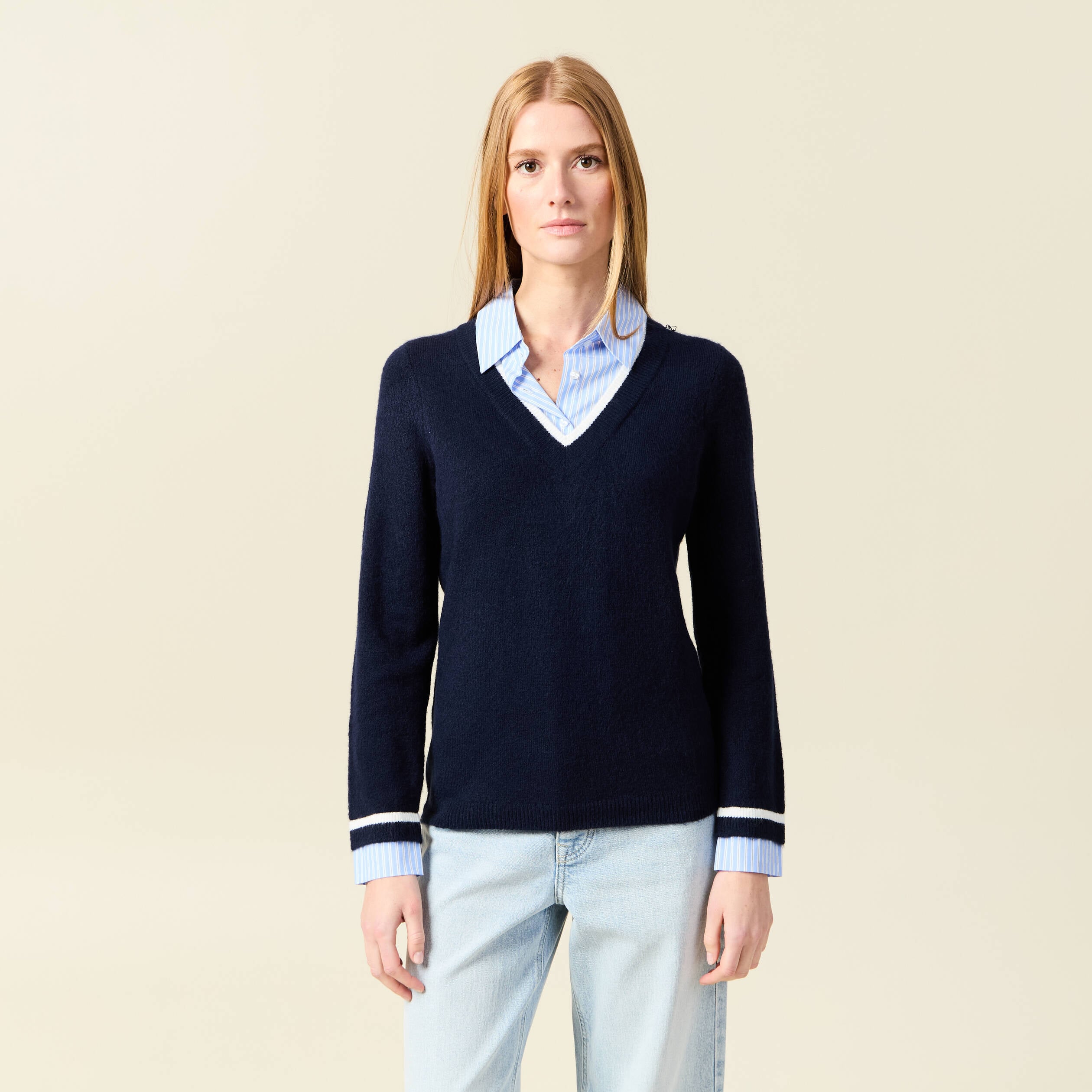 Pull manches longues 2-en-1 bleu fonc&eacute; femme