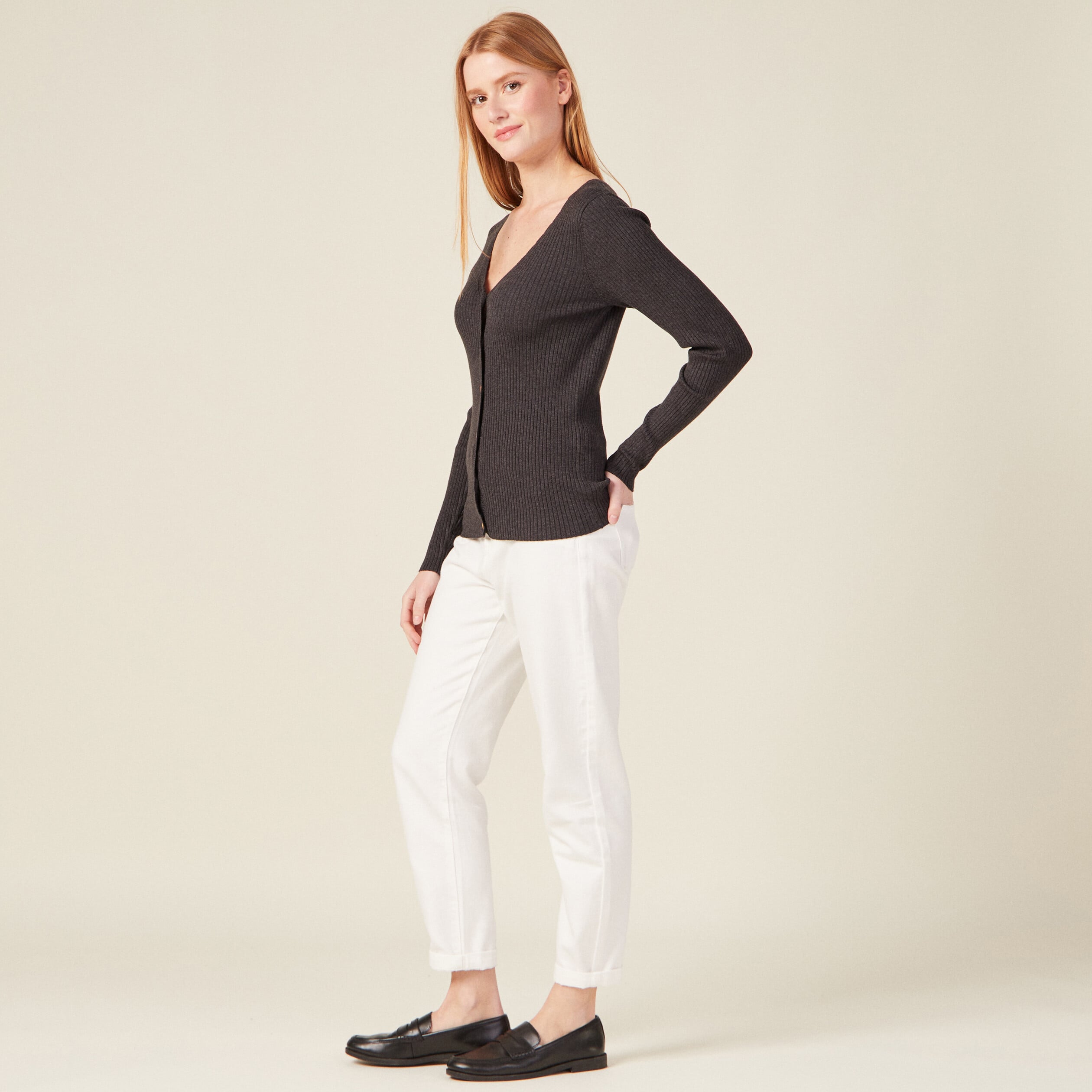 Gilet manches longues col v gris fonc&eacute; femme