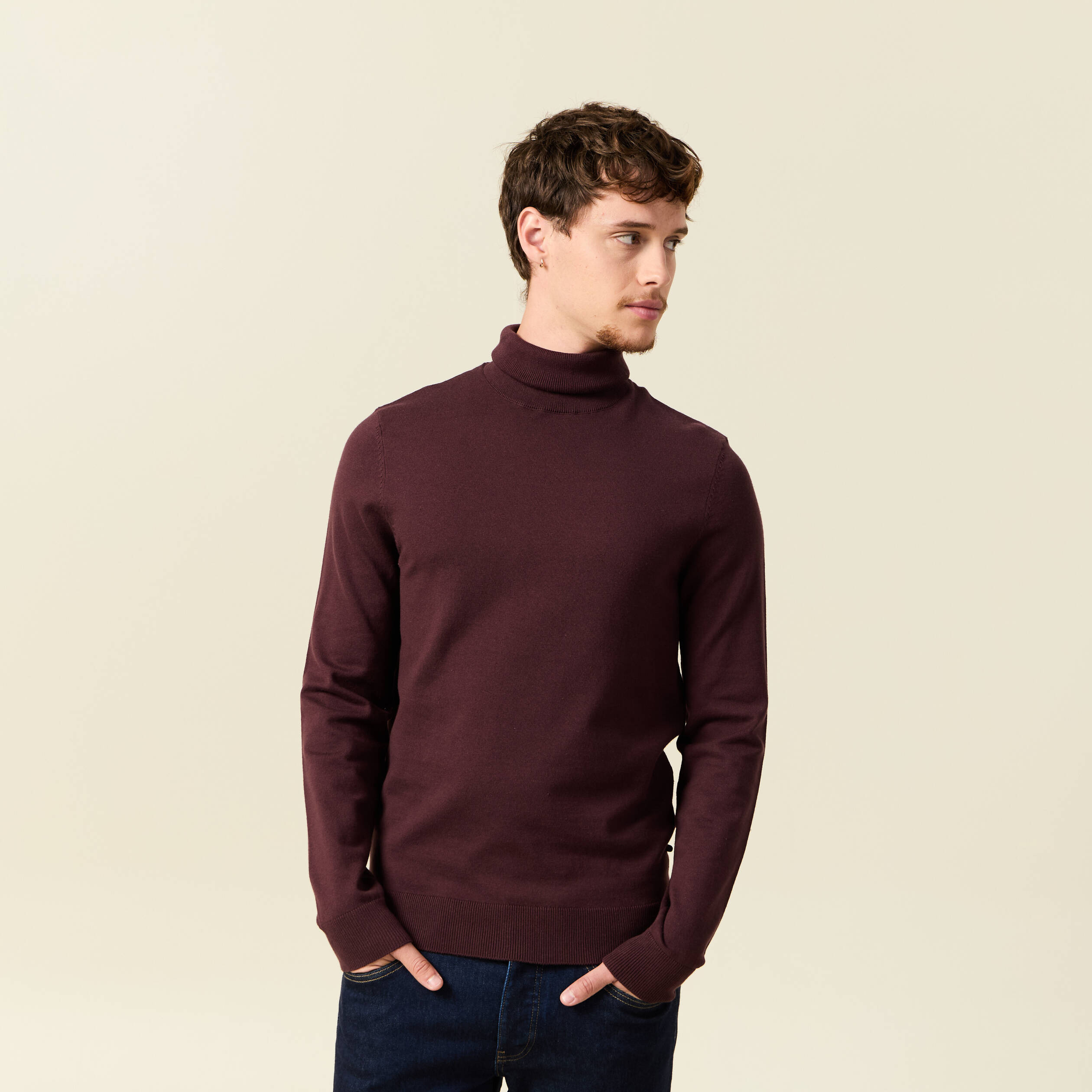 Pull droit court manches longues bordeaux homme