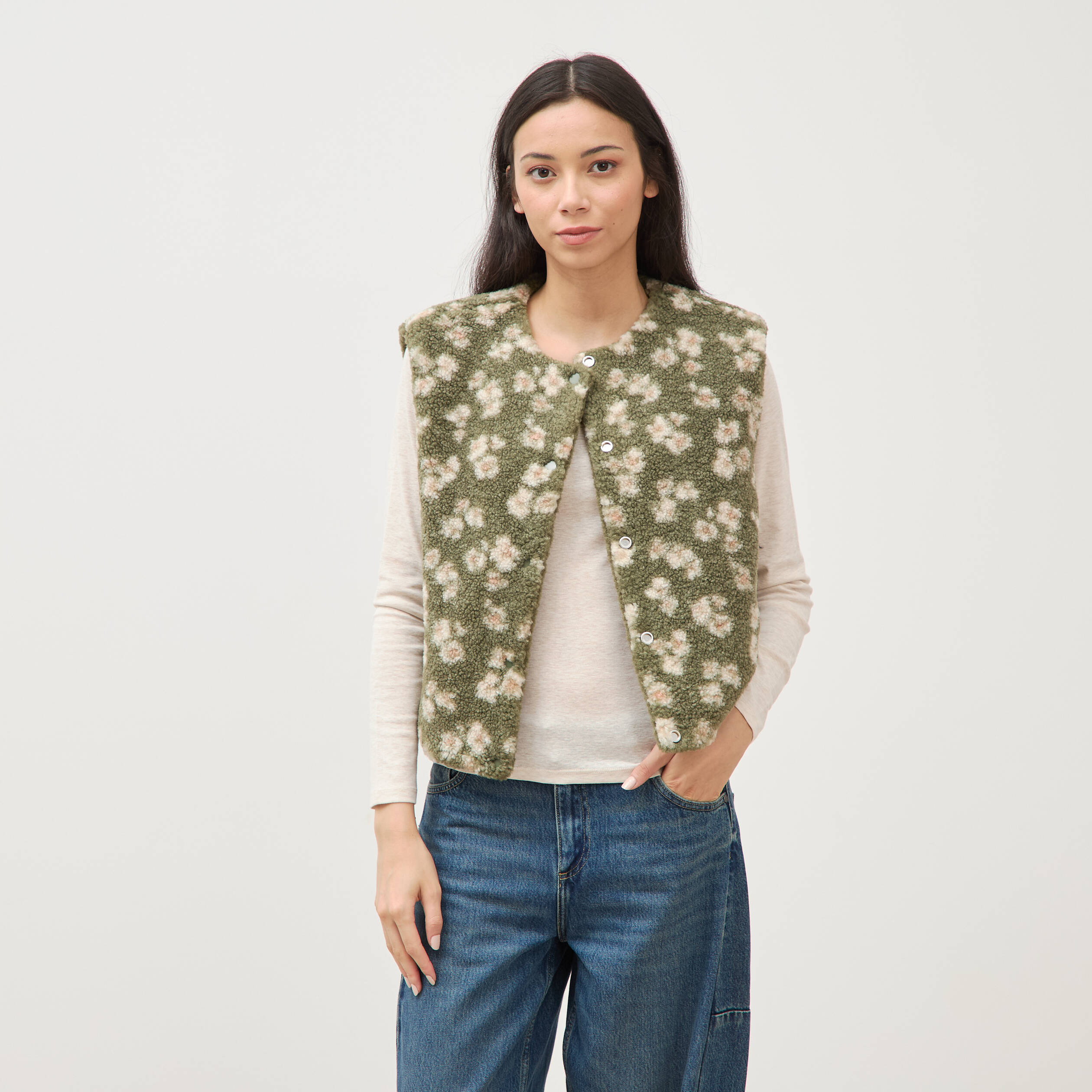 Gilet sans manches r&eacute;versible vert kaki femme