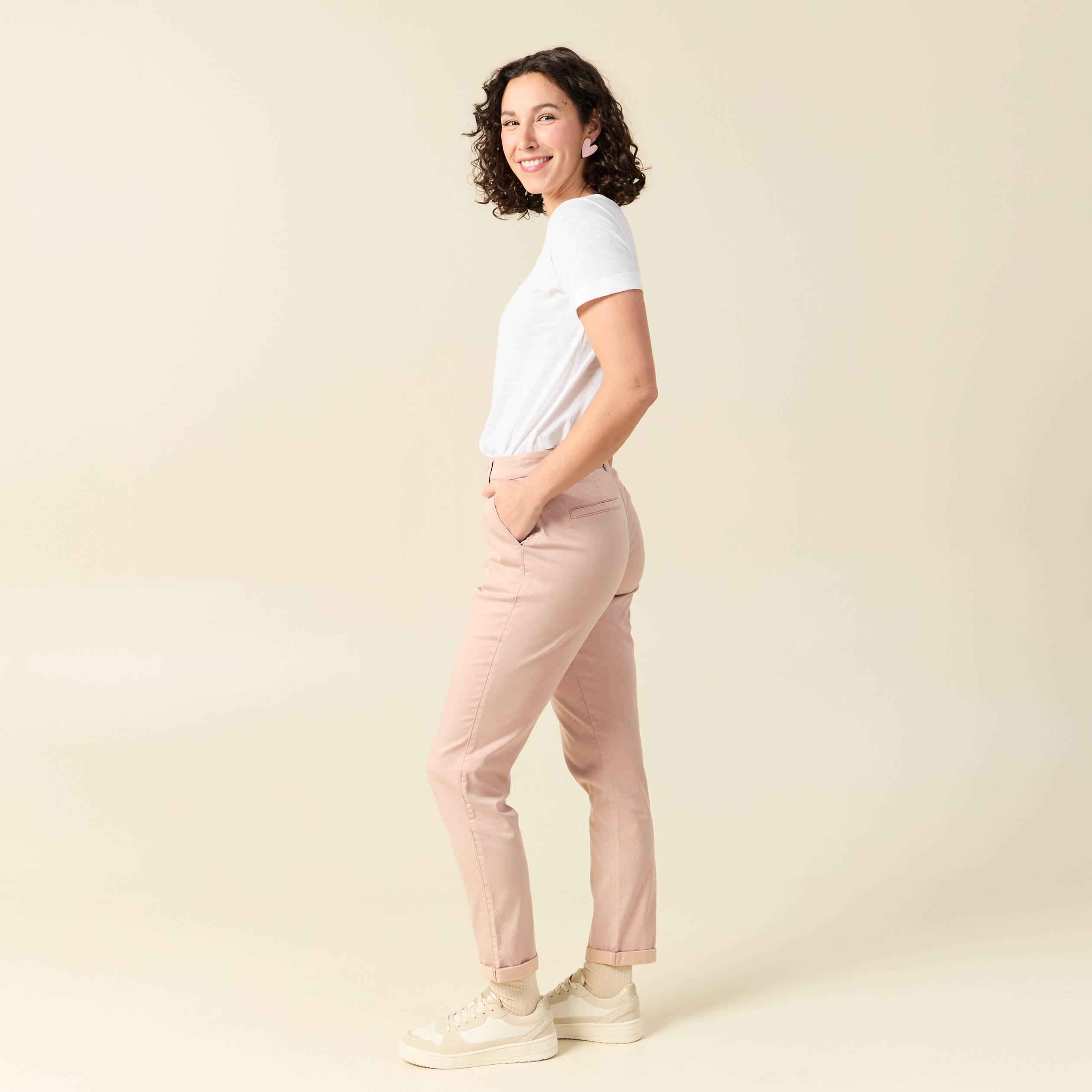 Chino cigarette 7/8&egrave;me taille haute rose clair femme